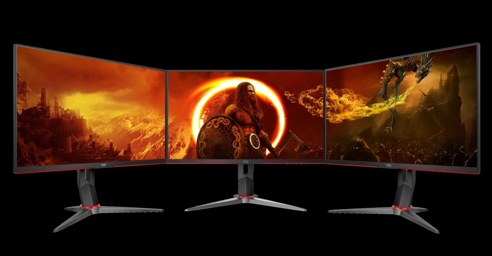 Três monitores gamer AOC 24G2 lado a lado sobre fundo escuro, com bordas finas e base vermelha e preta, imagem oficial da AOC