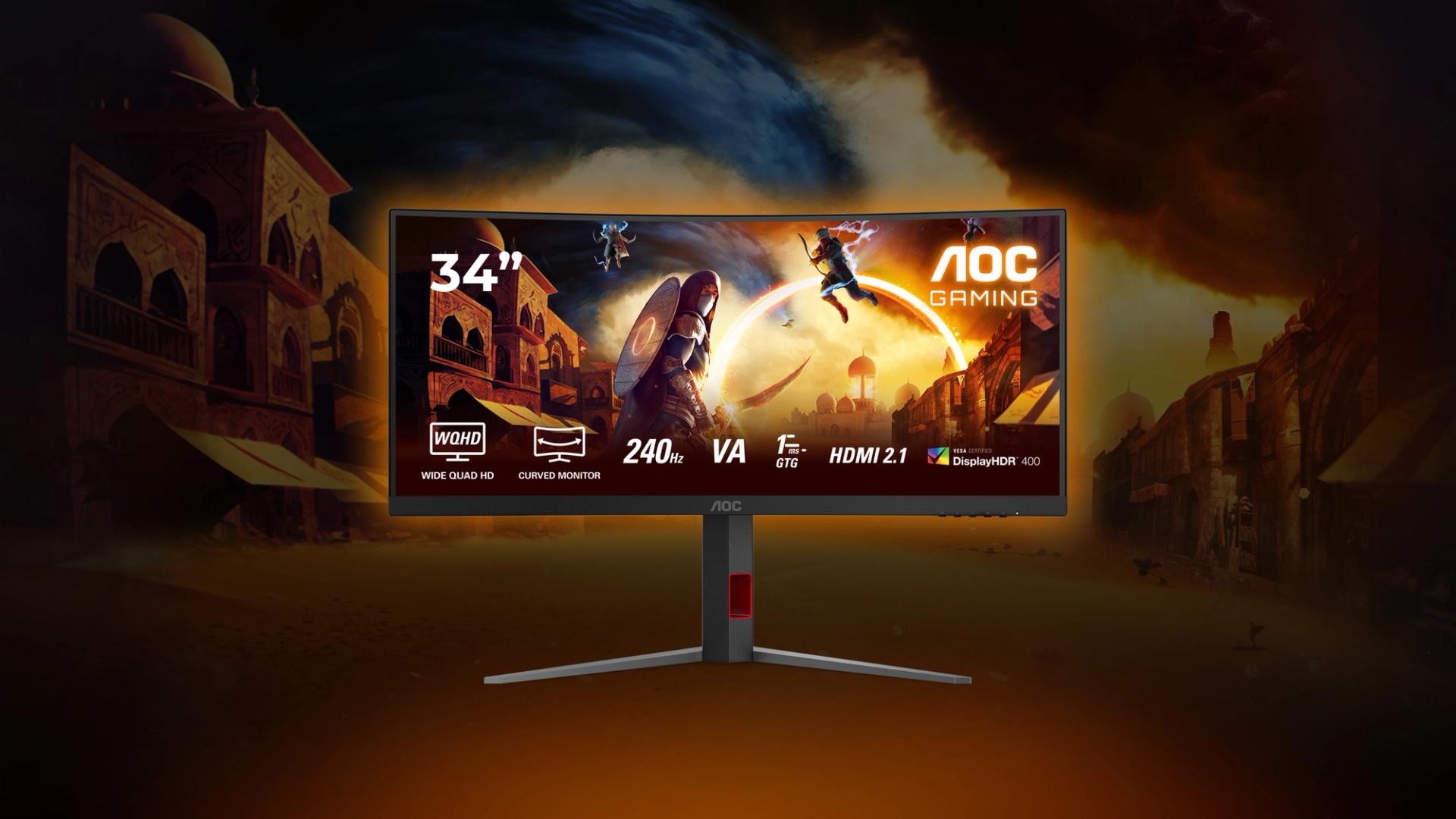 AOC GAMING CU34G4Z 34-inch curved ultrawide monitor displaying immersive gameplay with high refresh rate and vibrant colors