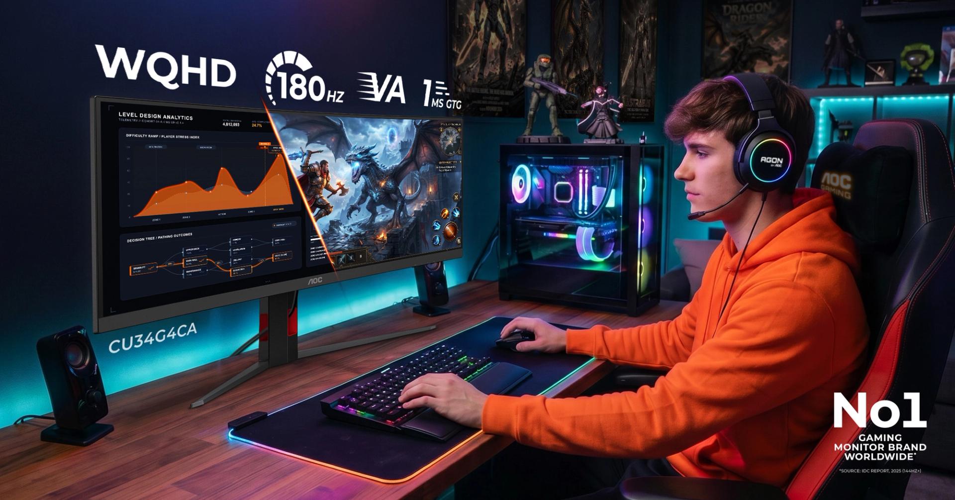 A gamer using the AOC GAMING CU34G4CA 34-inch curved ultrawide monitor displaying split work and gaming content, highlighting WQHD resolution, 180 Hz refresh rate, 1 ms GtG response time, and immersive 21:9 gameplay.