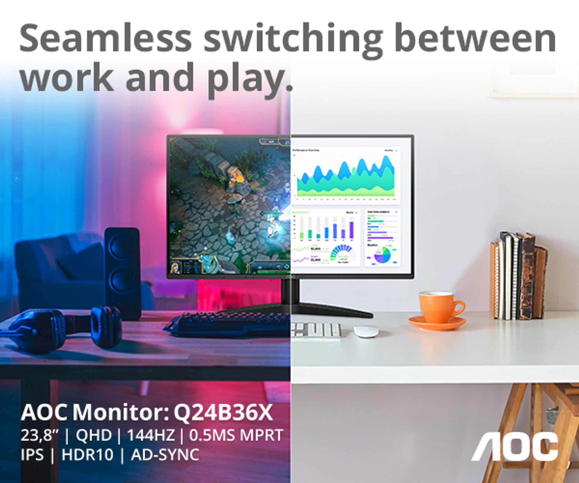 AOC monitor demonstrating seamless switching between work and gaming setups.