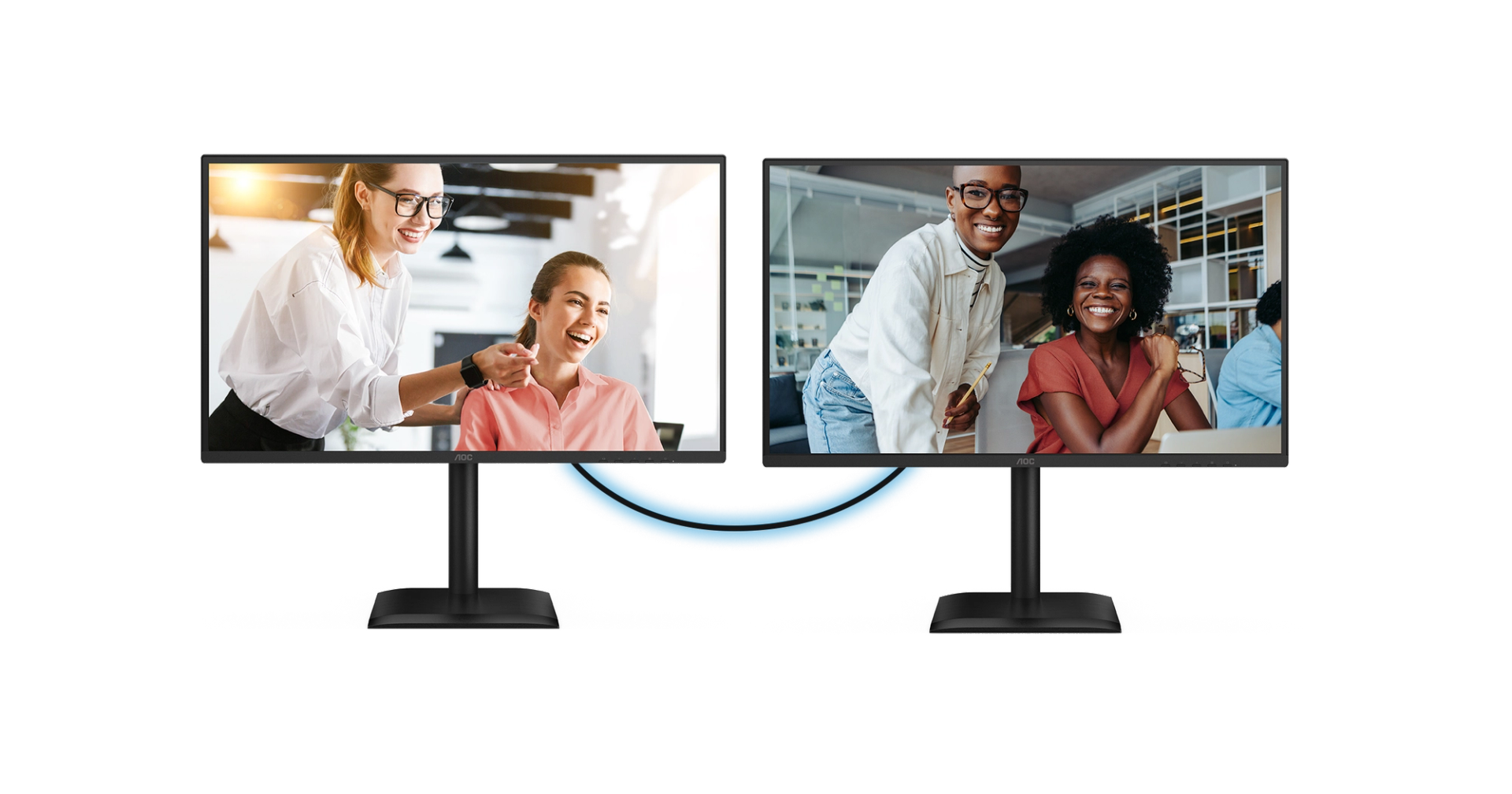 Two AOC monitors displayed side by side show video calls with colleagues in different office environments. A blue curved graphic connects the screens, illustrating a daisy-chain multi-monitor setup for extended workspace and seamless productivity.