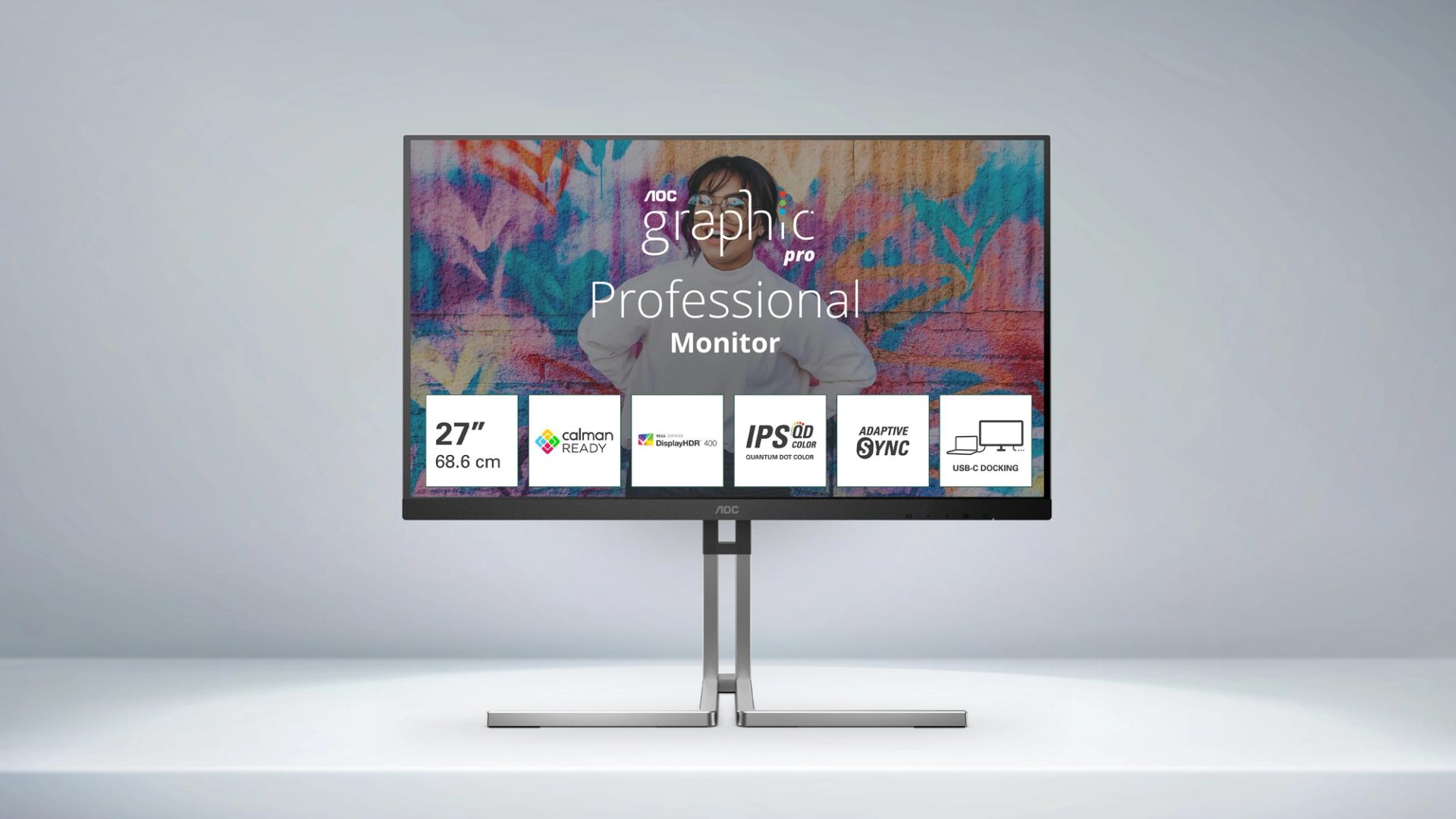 Moniteur AOC Q27U3CV 27 pouces QHD IPS affichant une interface de retouche photo professionnelle, avec USB-C, hub USB intégré et poste de travail créatif moderne pour la colorimétrie et la création de contenu.