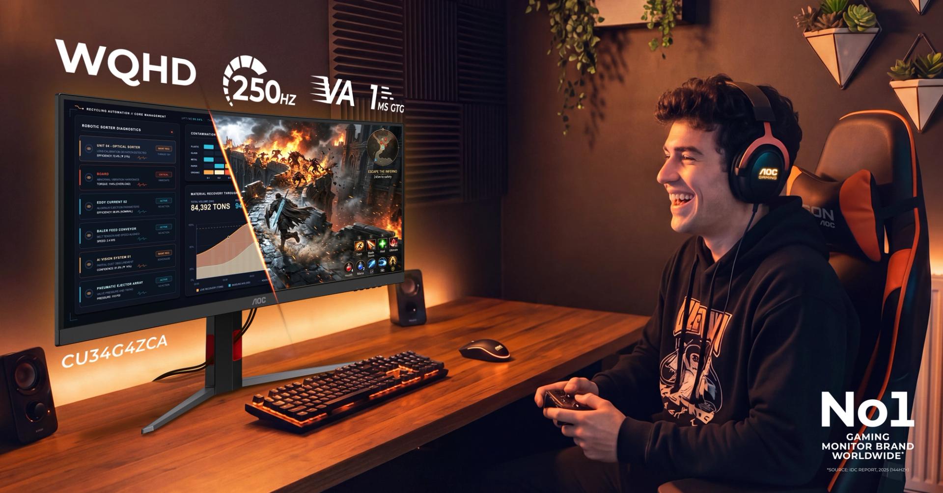 AOC GAMING CU34G4ZCA 34-inch curved ultrawide gaming monitor displaying split work and gaming content, highlighting WQHD resolution, up to 250 Hz refresh rate, 1 ms GtG response time, 90 W USB-C, and KVM switch, with a gamer seated at a desk.