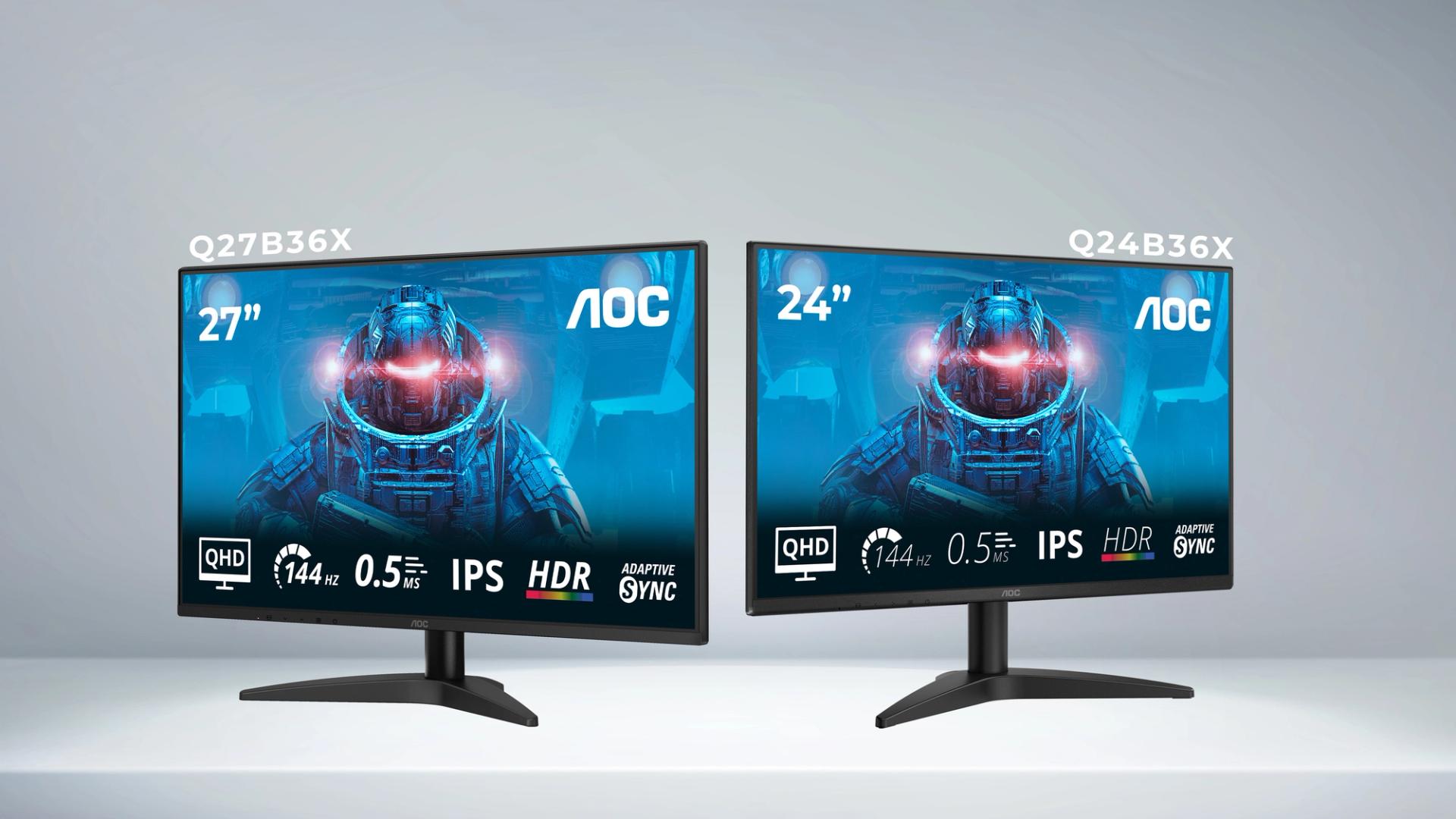 Monitores AOC Q24B36X y Q27B36X en un escritorio moderno mostrando videojuegos y multitarea, destacando resolución QHD, fluidez de 144 Hz y uso equilibrado para gaming y productividad.