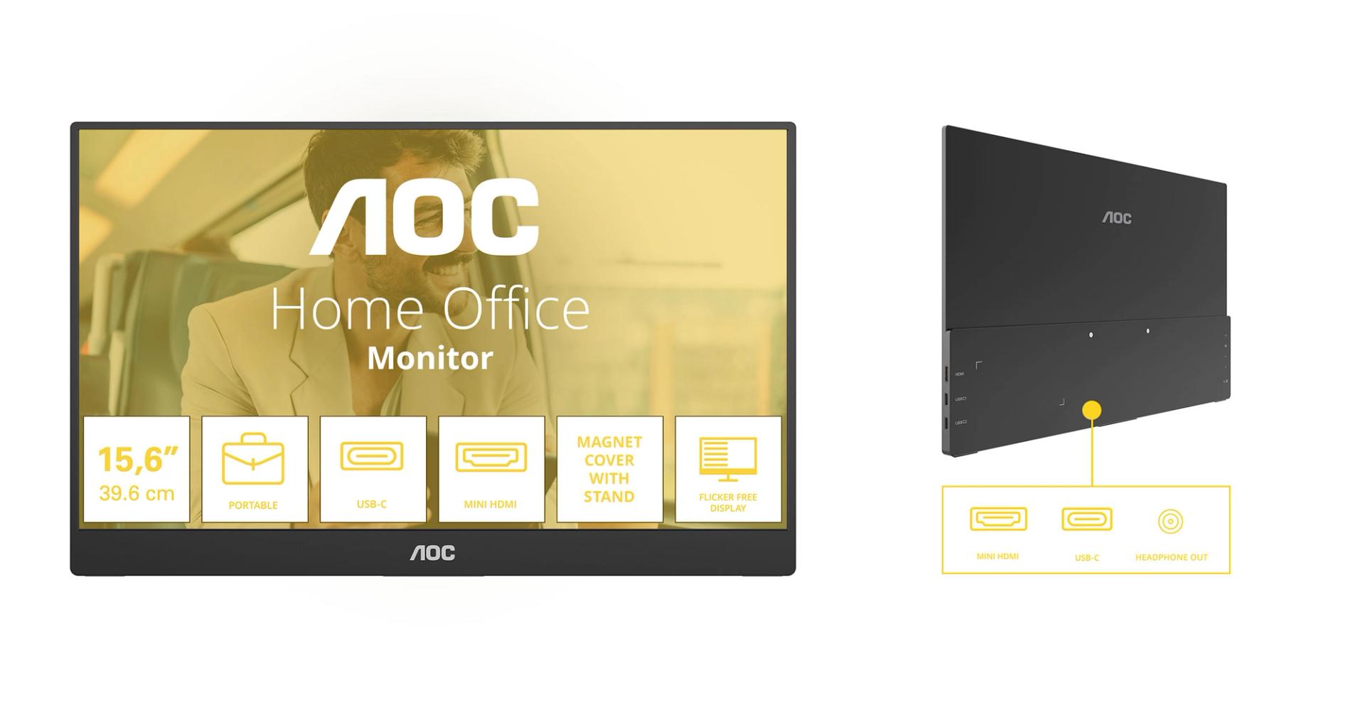AOC 16T20E2 15.6-inch portable Full HD monitor showing USB-C, Mini HDMI, headphone output, magnetic cover with stand, and ultra-slim design.