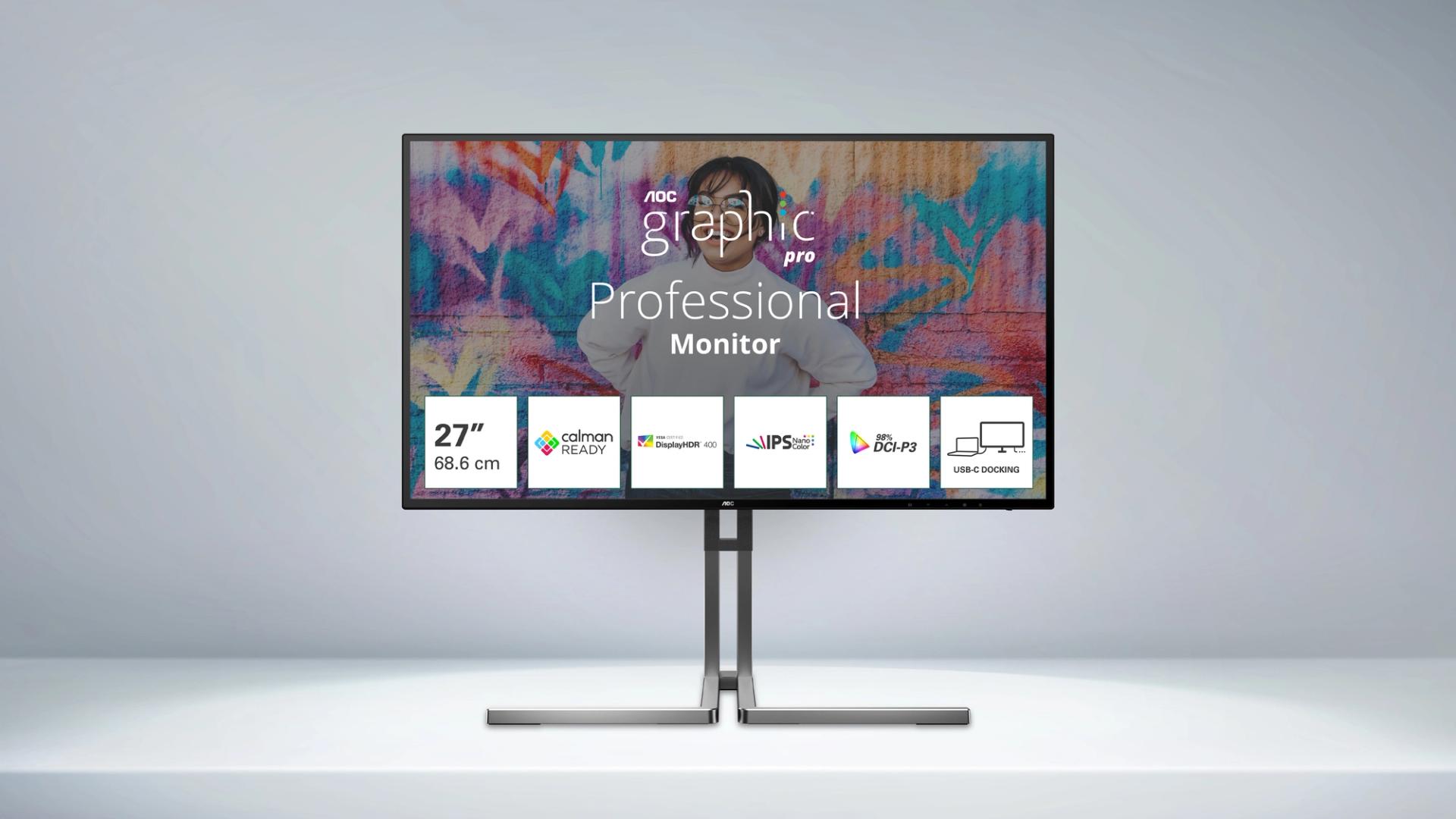Monitor AOC U27U3CV com ecrã 4K Nano IPS exibindo interface de design gráfico em ambiente de trabalho criativo, destacando cores precisas, alta nitidez e utilização profissional em secretária moderna.