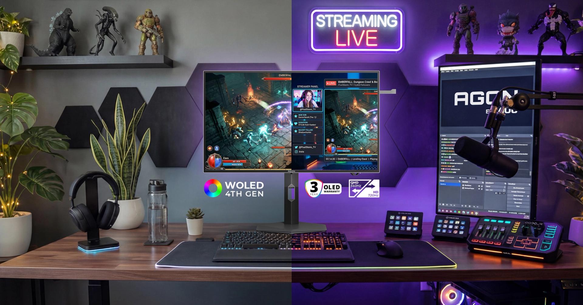 Moniteur gaming AGON PRO AGP277QKDC dans une configuration de streaming professionnelle, présentant la technologie Tandem WOLED de 4e génération, le mode Dual Frame avec 540 Hz en QHD et 720 Hz en HD, des périphériques éclairés en RGB, un microphone, des contrôles de streaming et une station de travail e-sport moderne.