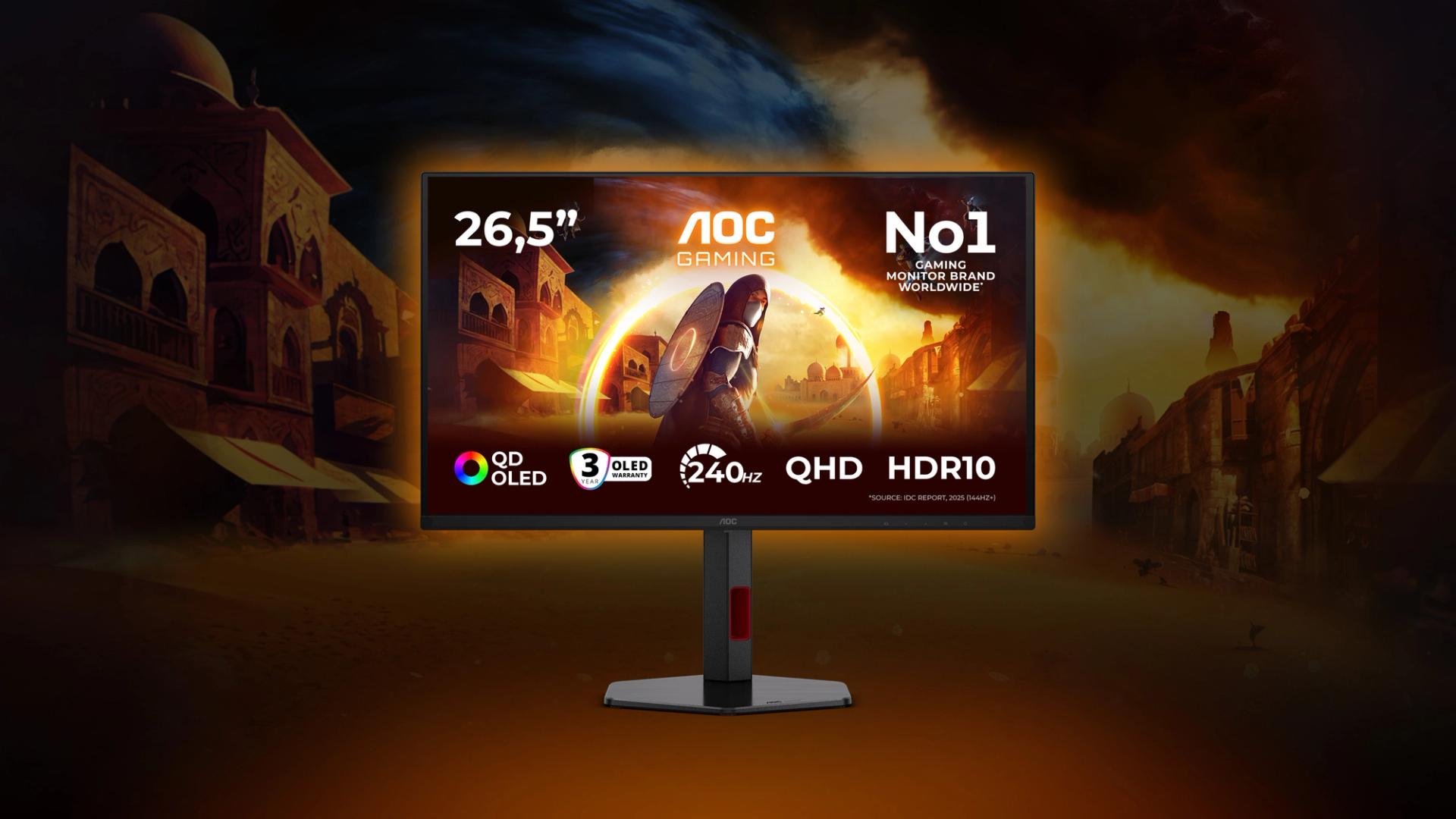 AOC GAMING Q27G4ZDR 27 hüvelykes QD-OLED gaming monitor, 240 Hz, QHD felbontás és HDR10 funkciók kiemelve, játékos látványvilággal