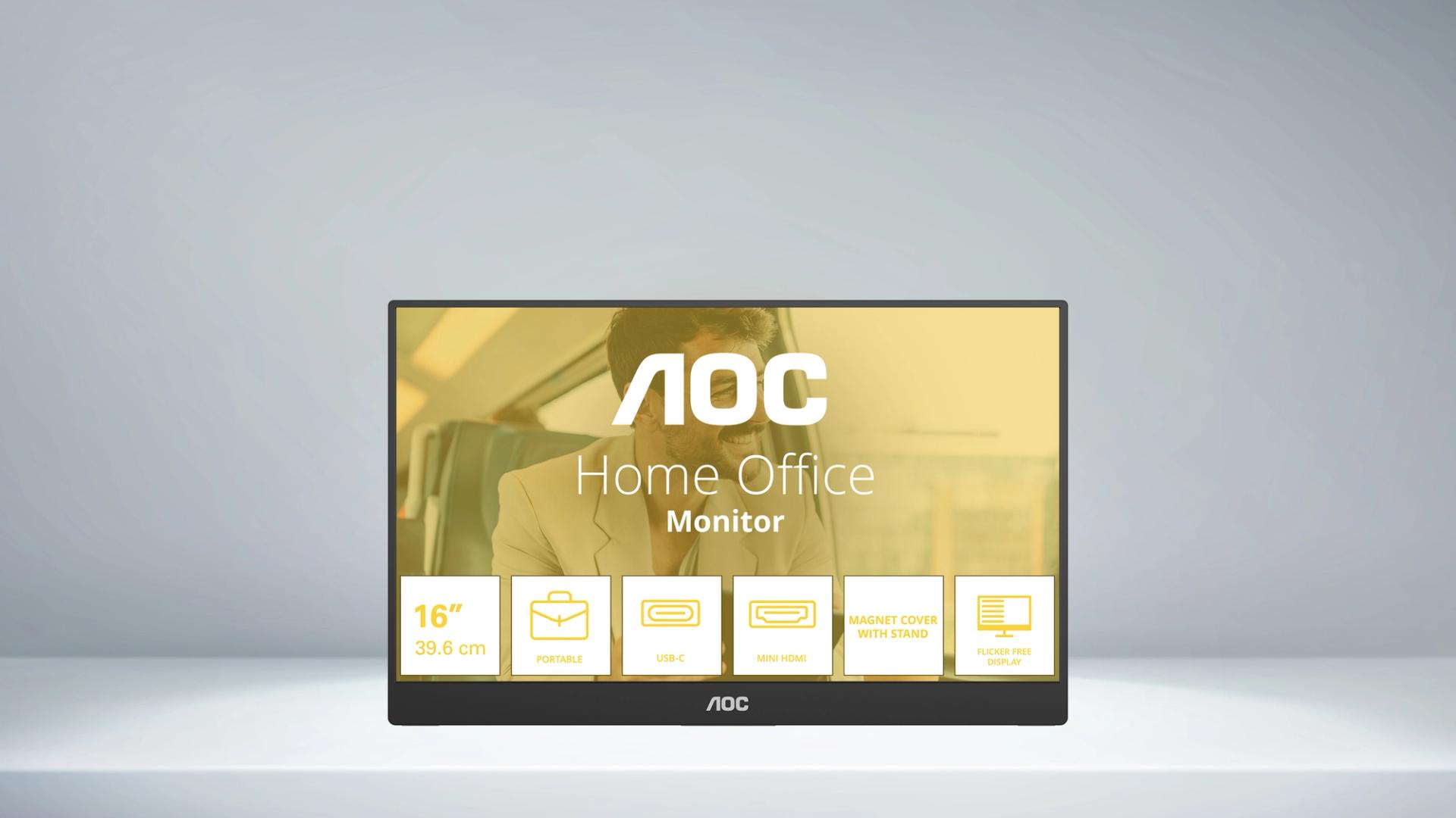 AOC 16T20E2 draagbare 15,6-inch Full HD IPS-monitor met USB-C, magnetische beschermhoes als standaard en compacte werkplek voor thuiswerken of onderweg.