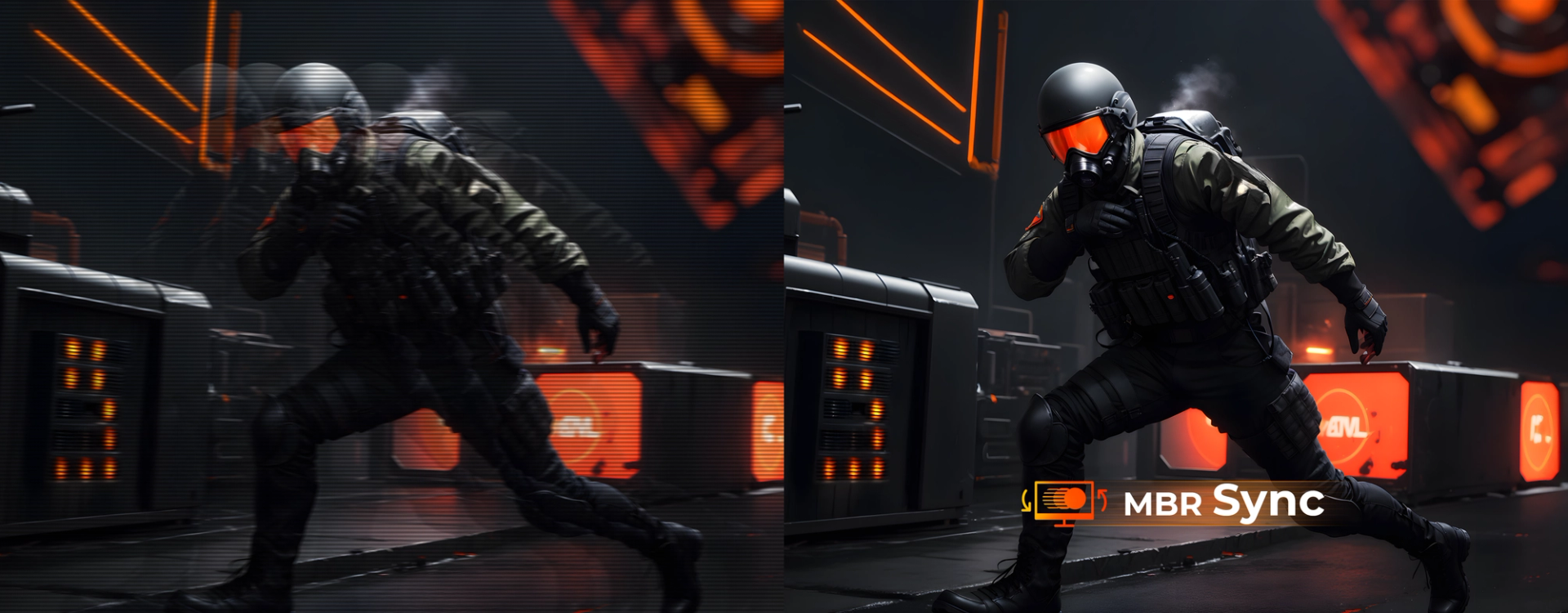 Srovnání motion blur ve hrách s a bez MBR Sync, kde je pohyb postavy vpravo ostřejší a méně rozmazaný