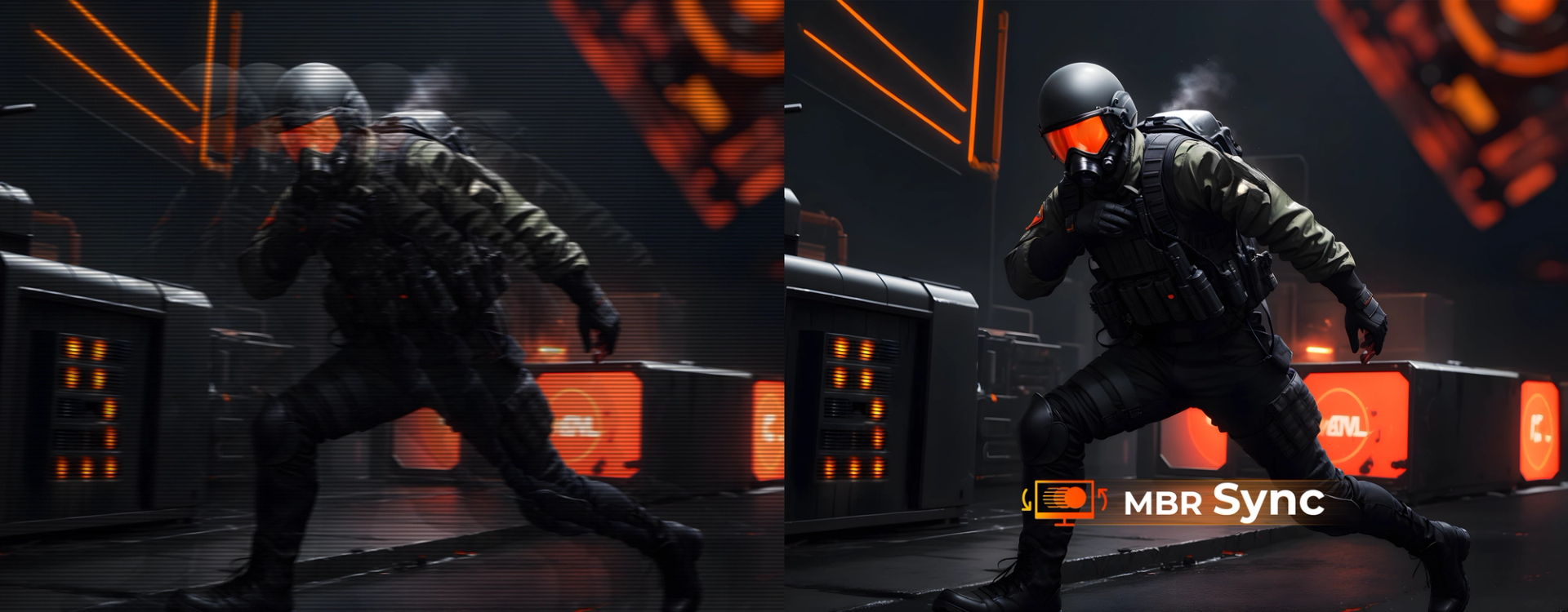 Srovnání motion blur ve hrách s a bez MBR Sync, kde je pohyb postavy vpravo ostřejší a méně rozmazaný