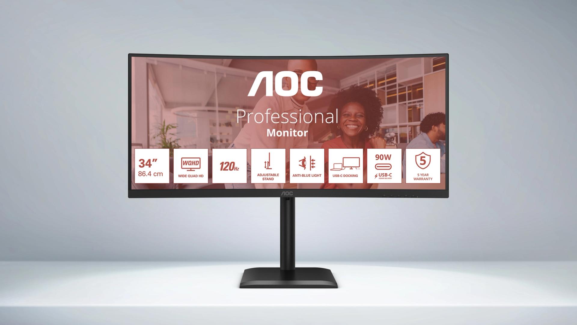 AOC CU34E4CV 34-Zoll-UltraWide-Monitor mit UWQHD-Auflösung, 1500R-Curved-VA-Panel, USB-C, Smart KVM und modernem Homeoffice-Arbeitsplatz.