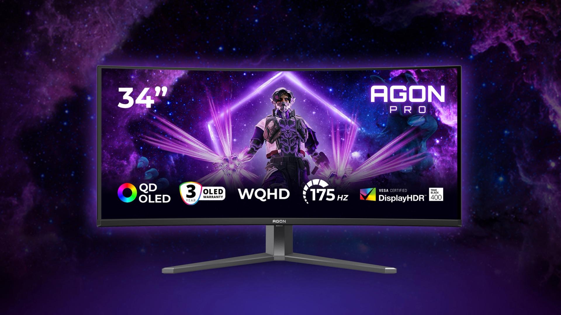 AOC AGON PRO AG346UCD 34 inch ultrawide QD-OLED gaming monitor met 175Hz en WQHD resolutie op bureau