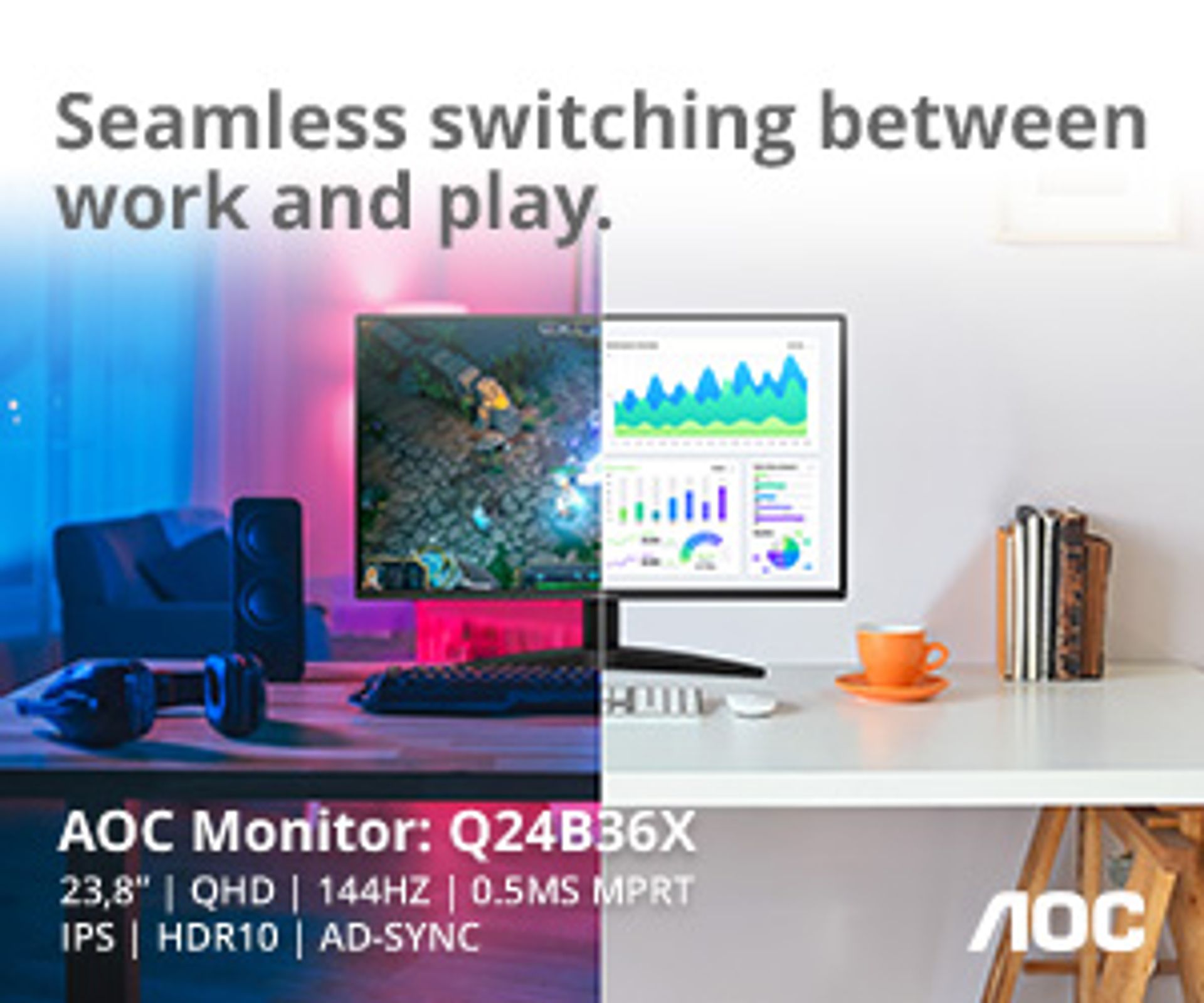 AOC monitor demonstrating seamless switching between work and gaming setups.