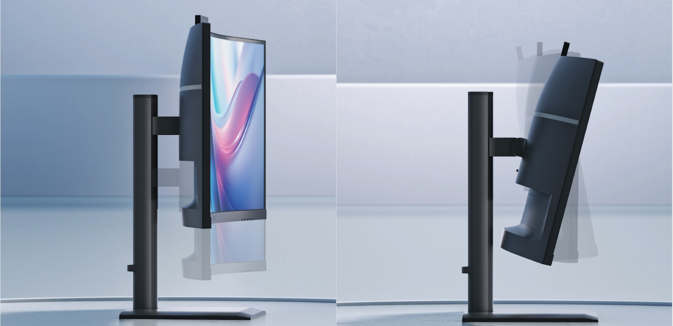 AOC curved monitor with ergonomic stand showing height adjustment and tilt functionality for improved posture and viewing comfort.