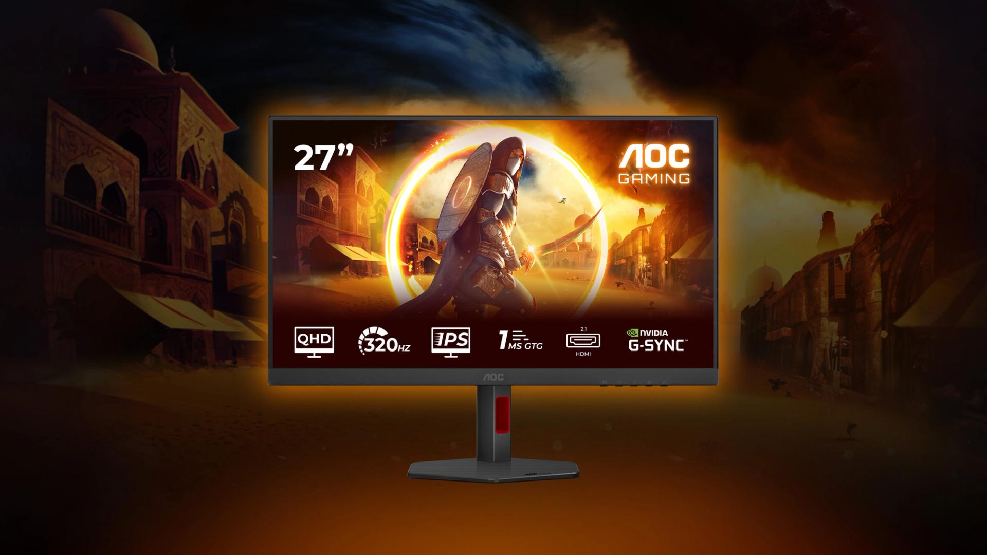 Monitor gaming AOC Q27G4SRU da 27 pollici con display QHD Fast IPS, refresh rate 320 Hz e design gaming con illuminazione arancione sullo sfondo.