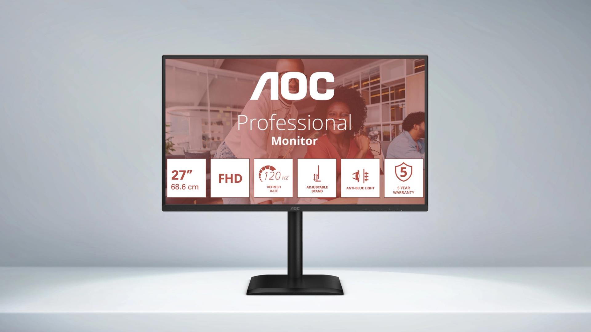 AOC 27E4U 27-inch Full HD IPS-monitor met 120Hz verversingssnelheid, 95% sRGB-kleurdekking, USB-hub en ergonomische standaard voor thuiswerken en studie.