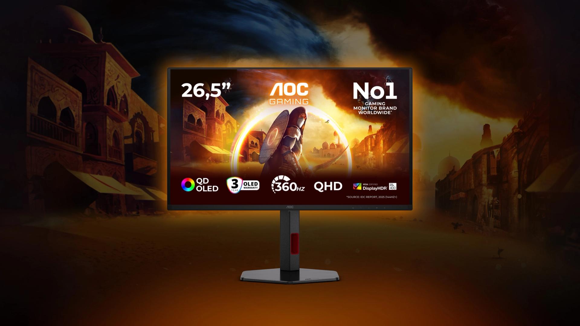 AOC Q27G4SDR 26,5-inch QD-OLED gamingmonitor met QHD-resolutie en 360Hz verversingssnelheid op een futuristische gamingachtergrond.