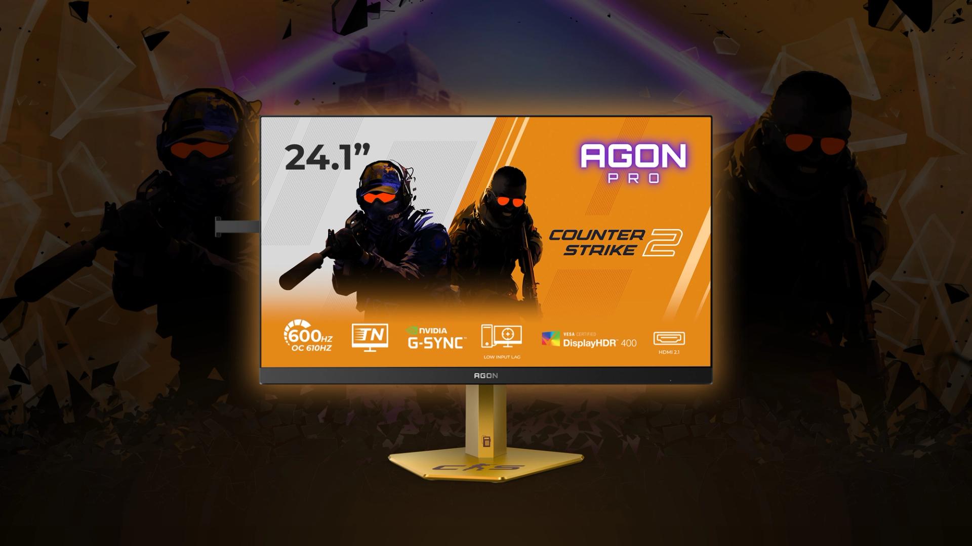 AGON PRO CS24A 24-inch esports gaming monitor with 600Hz refresh rate and Counter-Strike themed black and gold design