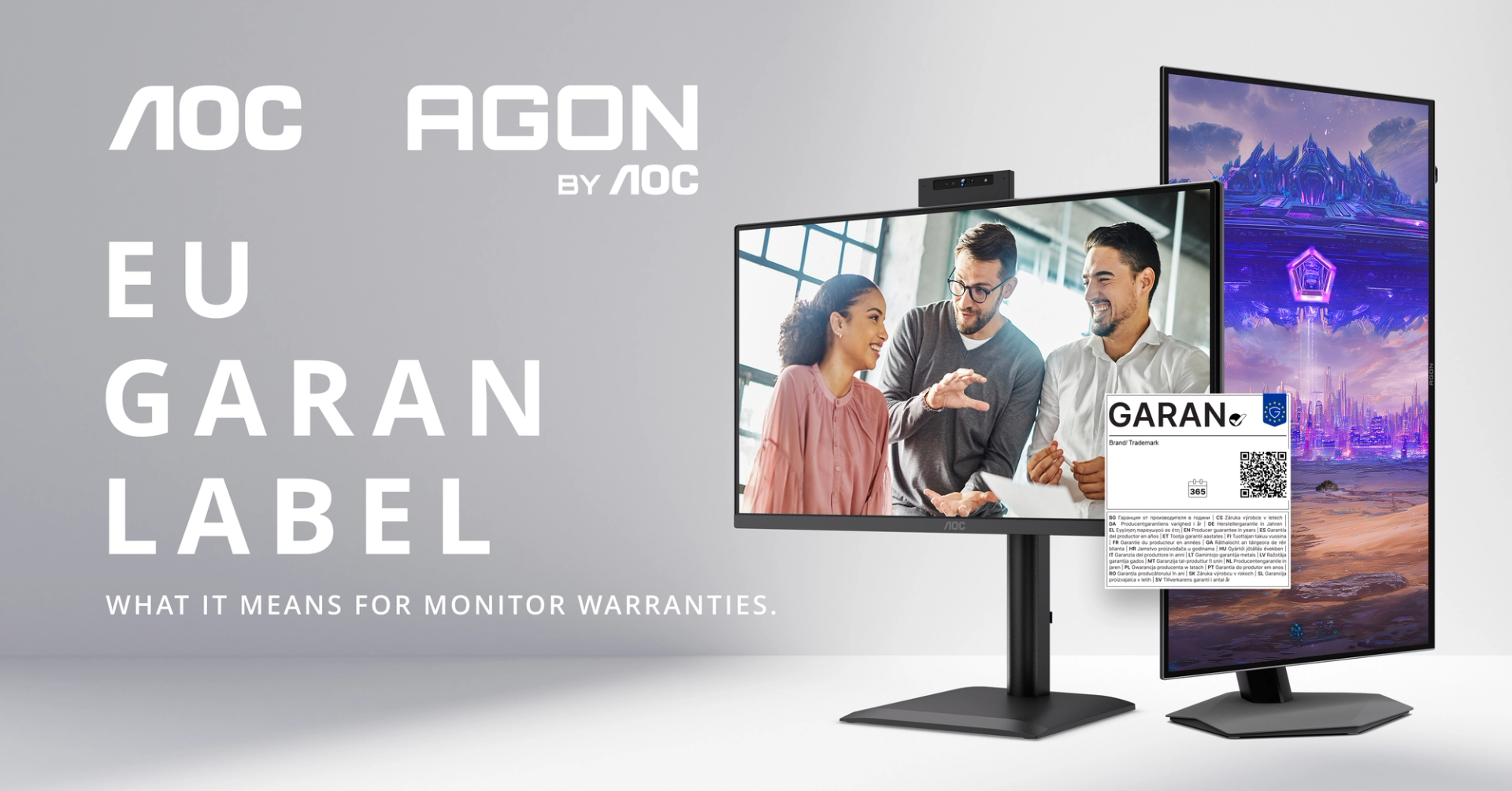 AOC and AGON by AOC graphic introducing the EU GARAN label for monitor warranties, featuring two monitors and an example GARAN label.