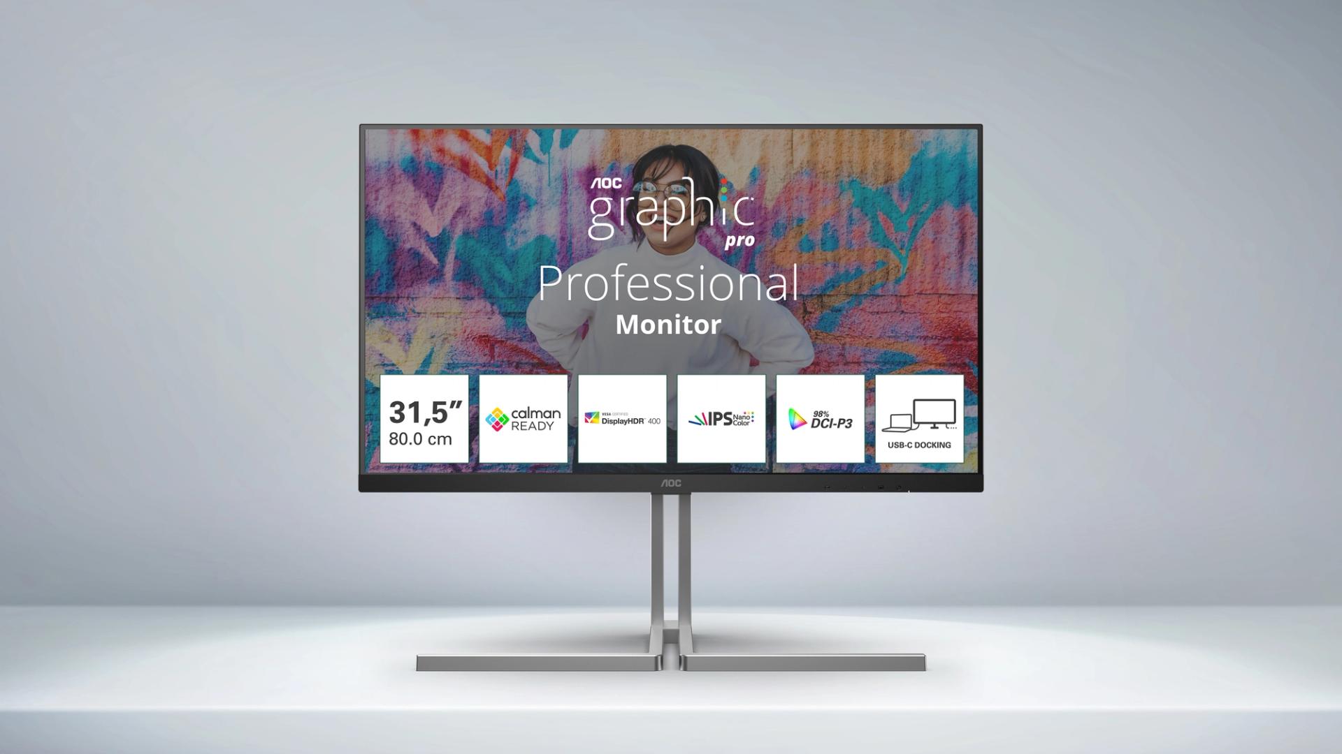 AOC Graphic Pro U32U3CV 32-inch 4K professional monitor displaying colourful creative artwork, highlighting IPS Nano Color technology, 98% DCI-P3 coverage, DisplayHDR 400, Calman Ready certification, and USB-C docking connectivity.