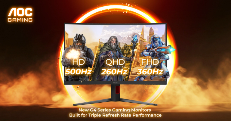 AGON by AOC G4 Series gaming monitor displaying three split screens for different game genres, highlighting its Triple Refresh Rate performance capabilities of HD 500Hz, QHD 260Hz, and FHD 360Hz.