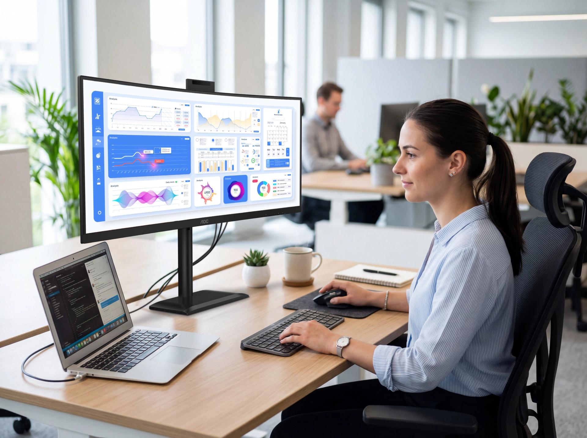 A professional working at a desk in a modern office uses an AOC ultrawide monitor displaying data dashboards and analytics charts. A laptop, keyboard, and mouse are connected to the monitor, while colleagues work in the background.