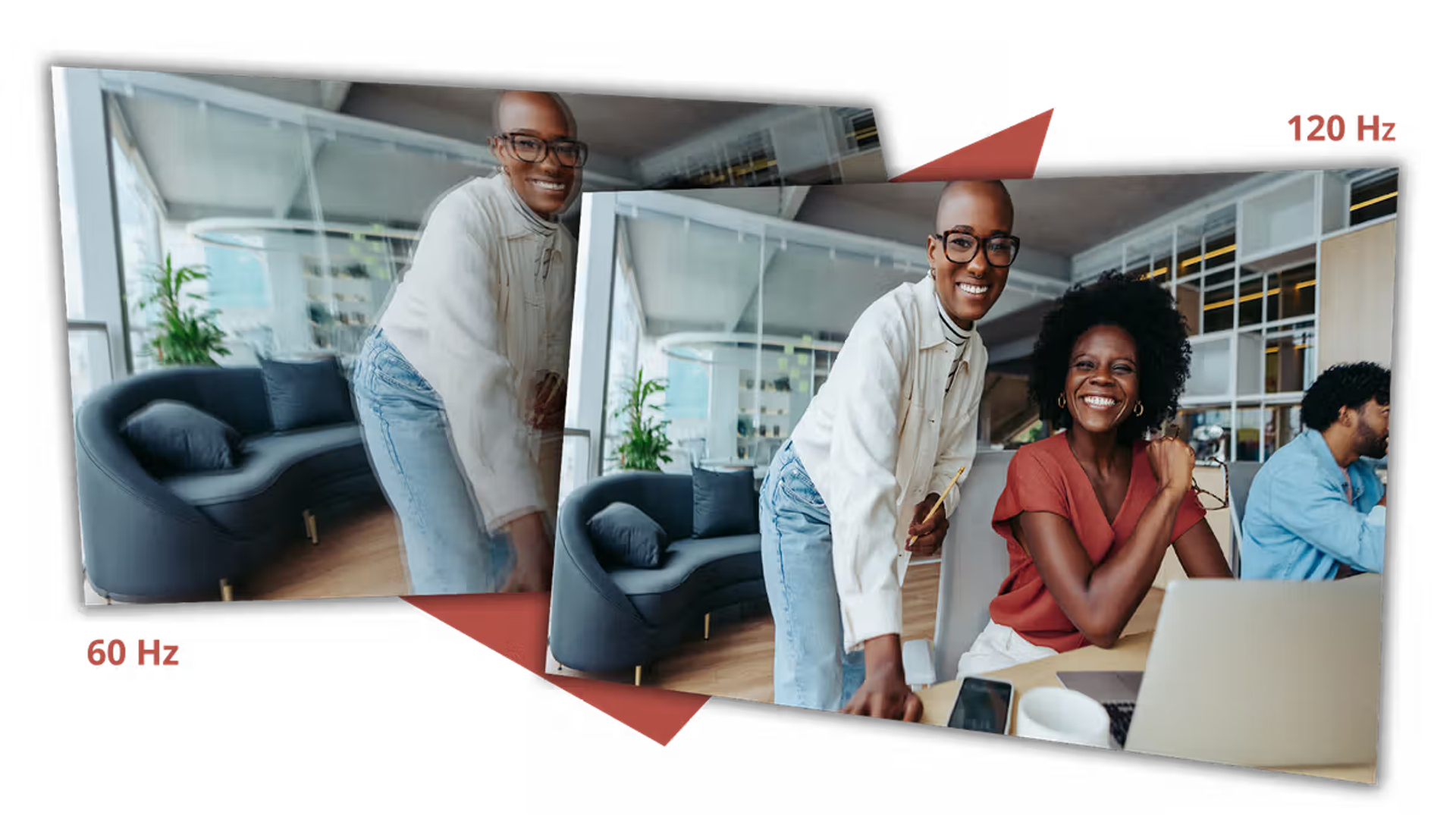 AOC monitor comparison showing smoother motion and reduced blur at 120 Hz refresh rate versus 60 Hz during office productivity tasks.