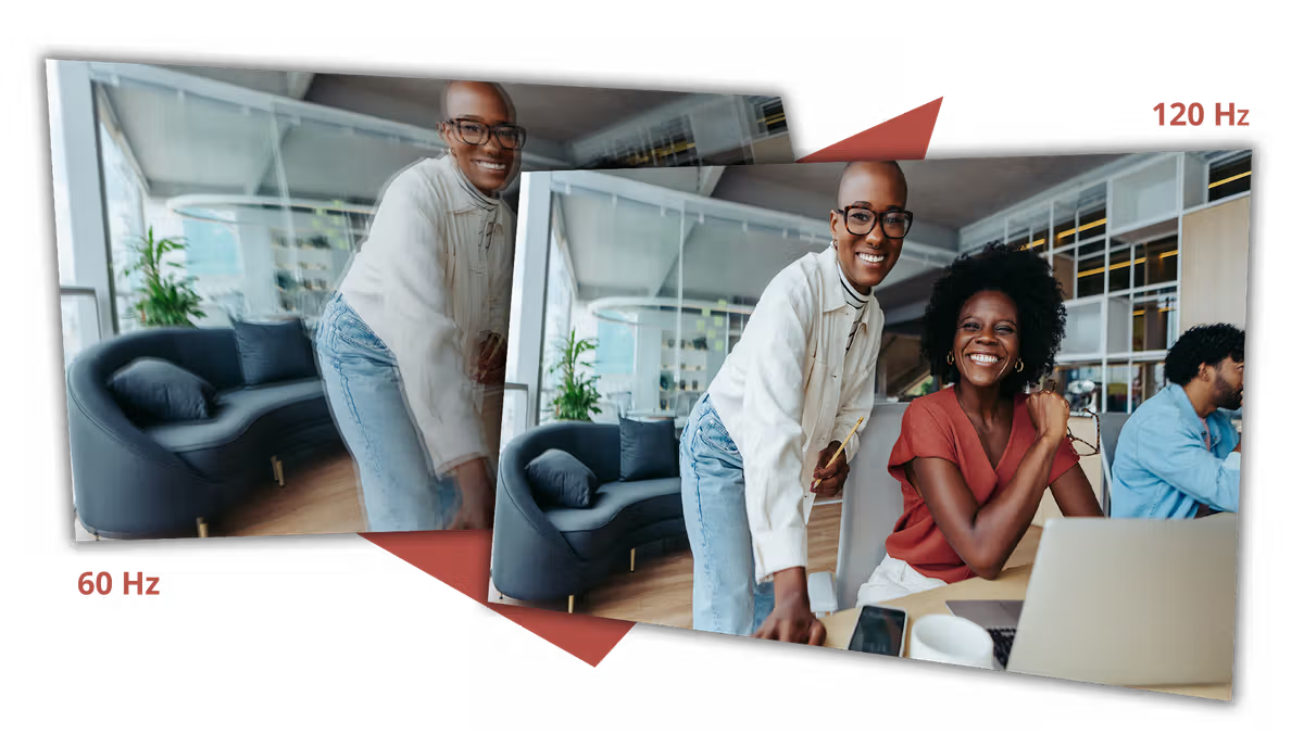AOC monitor comparison showing smoother motion and reduced blur at 120 Hz refresh rate versus 60 Hz during office productivity tasks.
