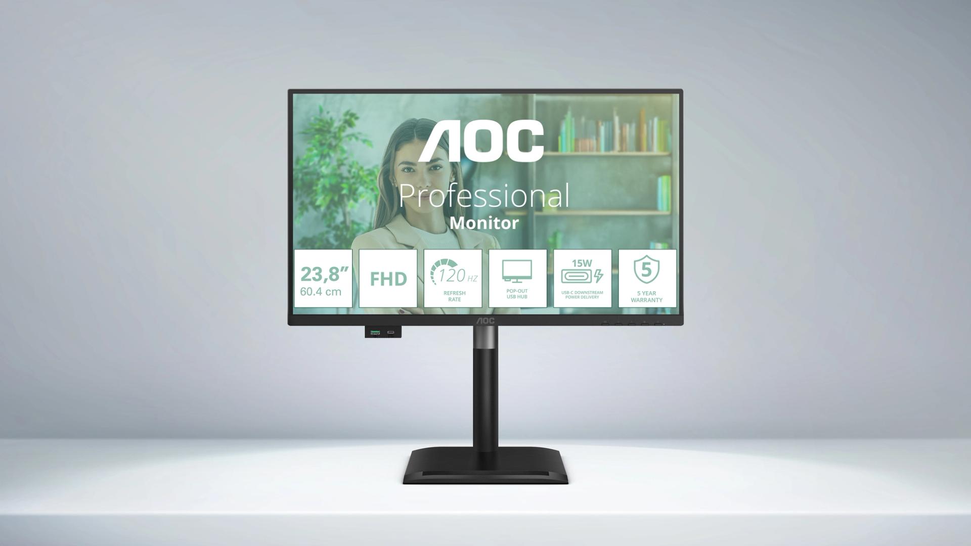 AOC 24P4U 24 collu Full HD IPS monitors ar 120Hz atsvaidzes intensitāti, ergonomisku regulējamu statīvu un modernu biroja darba vidi ar USB-C savienojumu.