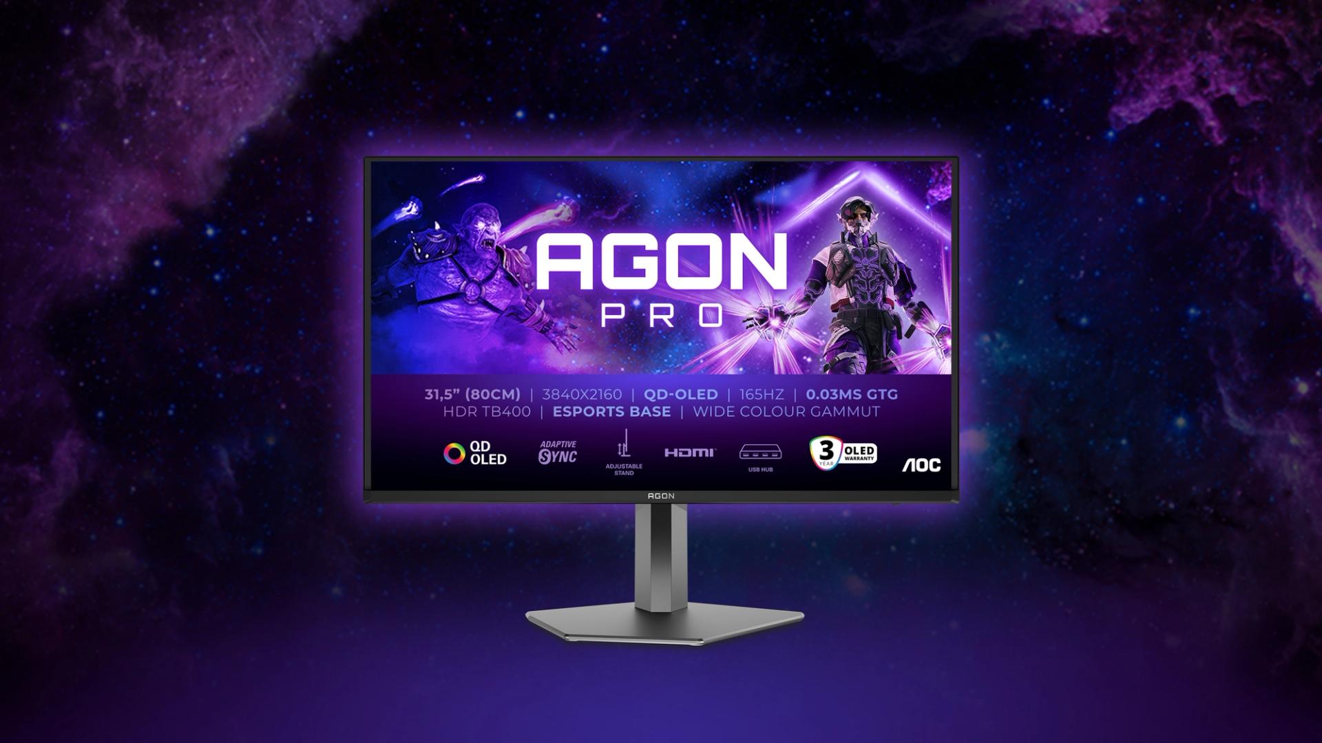 Monitor gaming AOC AGON PRO AG326UD 32 pollici 4K QD-OLED con 175Hz su sfondo viola futuristico