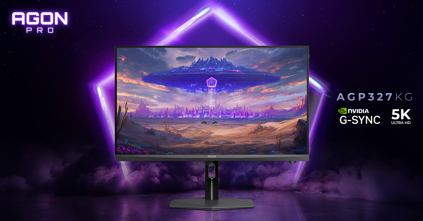 The AGON PRO AGP327KG 5K NVIDIA G-SYNC Pulsar gaming monitor displaying a vibrant sci-fi landscape with a spaceship.