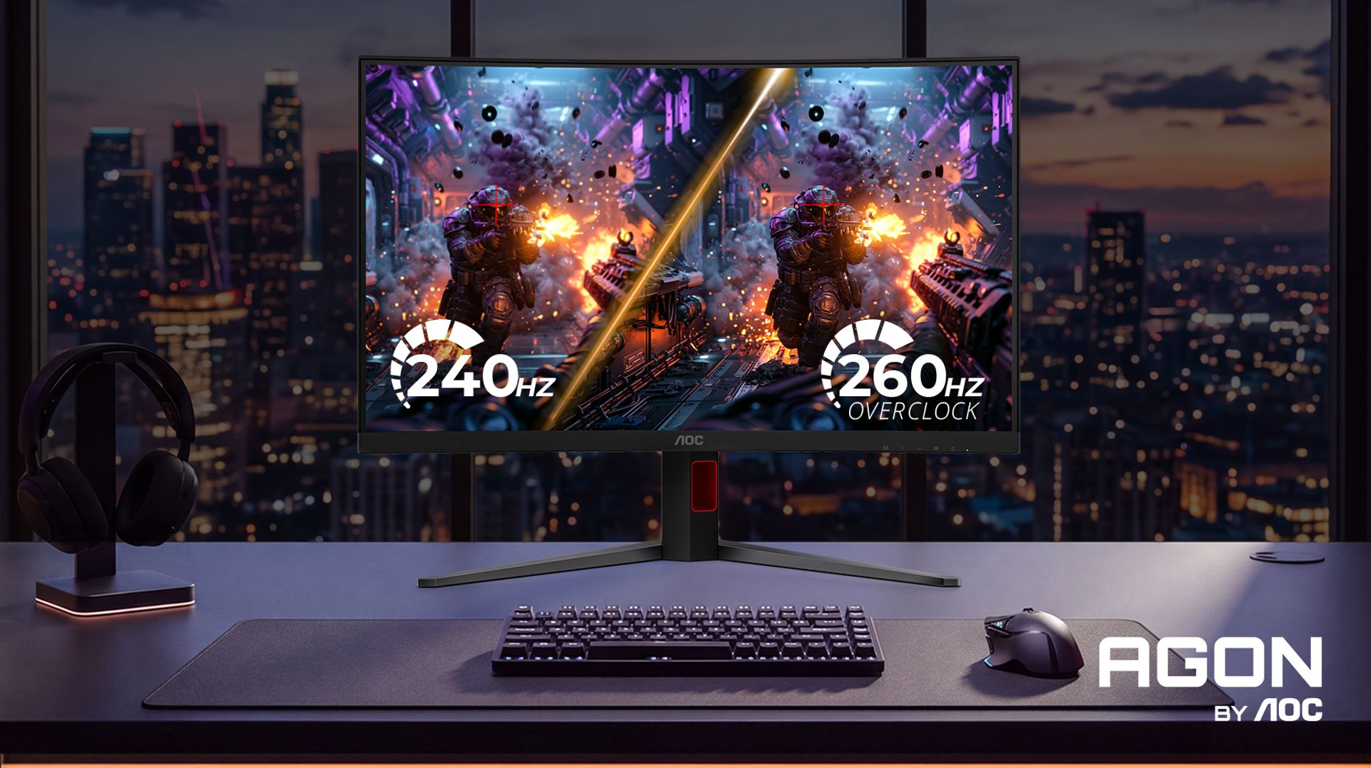 AGON by AOC gaming monitor displaying 240Hz and 260Hz OverClock refresh rates on a gaming setup with keyboard, mouse and headset.