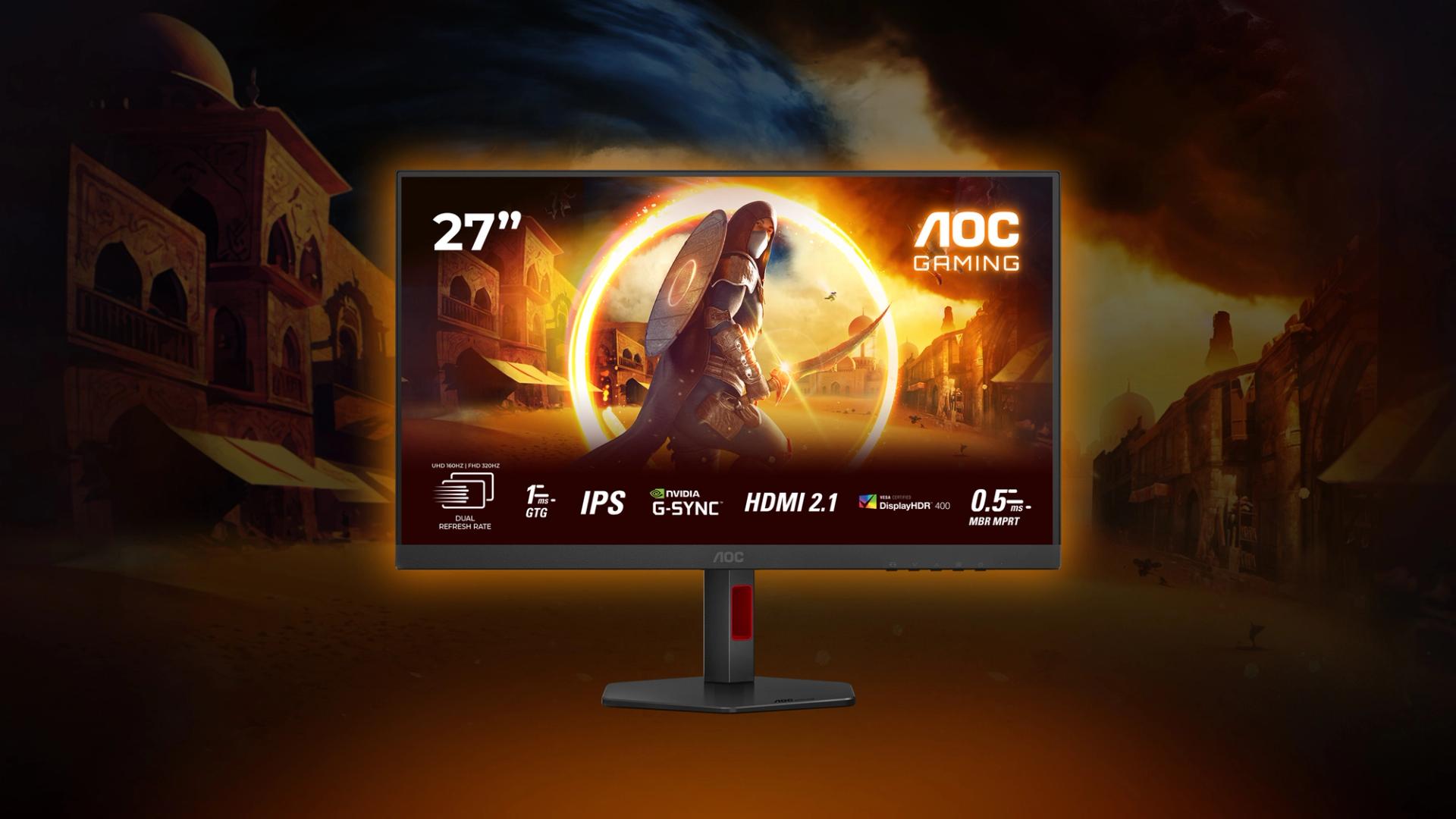 Monitor gaming AOC U27G4R de 27 pulgadas 4K con tecnología Dual-Frame mostrando escena de videojuego en tonos naranjas