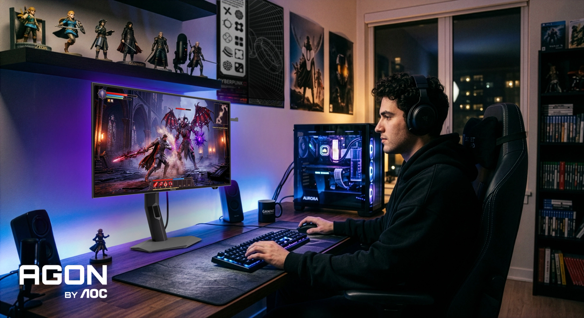 Gamer wearing a headset playing an action game on an AGON by AOC gaming monitor, with an RGB-lit gaming PC in a modern gaming setup.