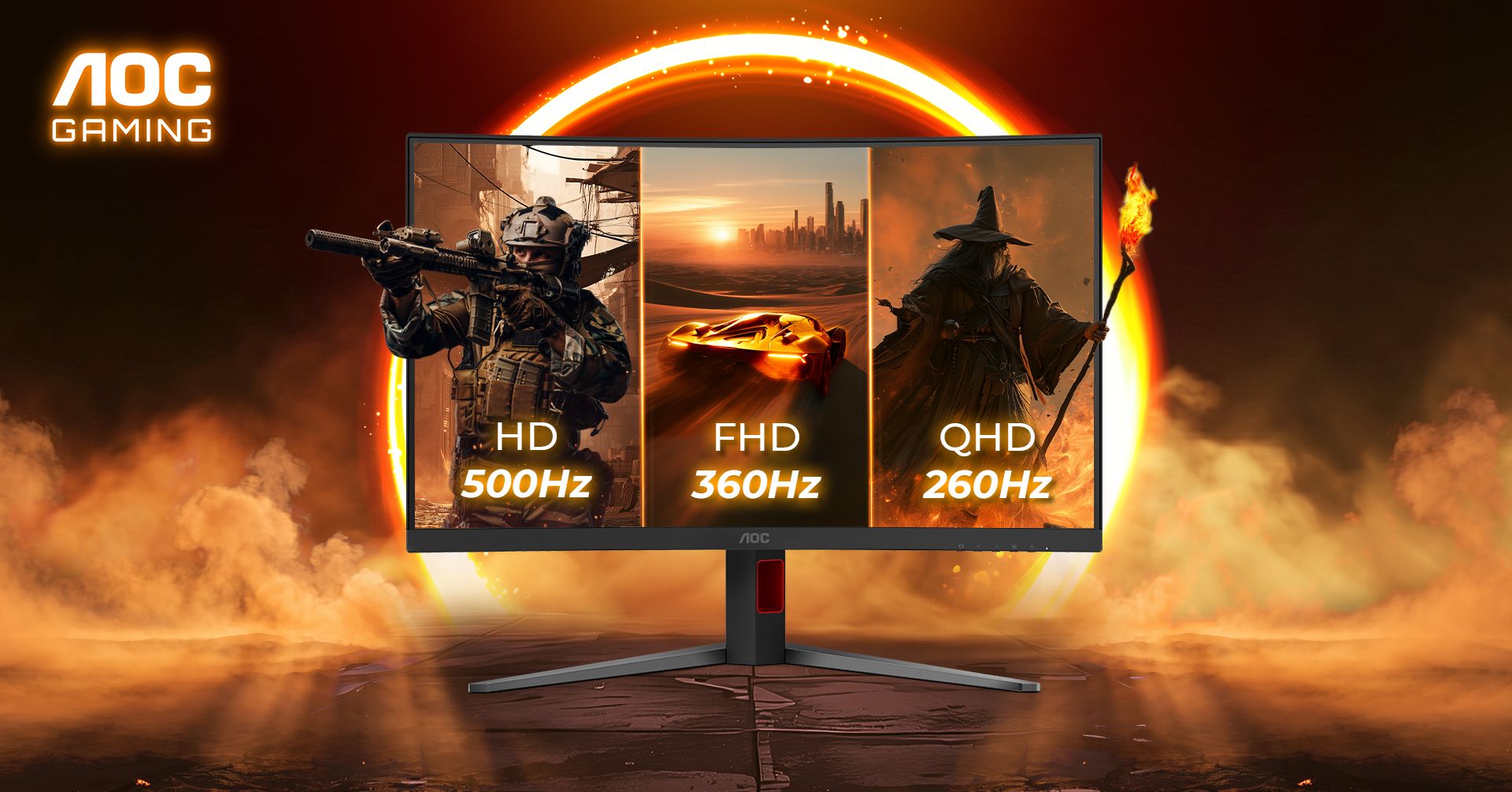 AOC GAMING CQ32G4ZA 31.5-inch curved gaming monitor showcasing Triple Refresh Rate technology with three display modes: HD at 500 Hz, FHD at 360 Hz, and QHD at 260 Hz for different gaming experiences.