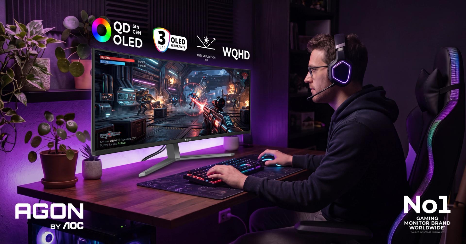 Gamer using an AGON by AOC QD-OLED gaming monitor in a purple-lit gaming setup
