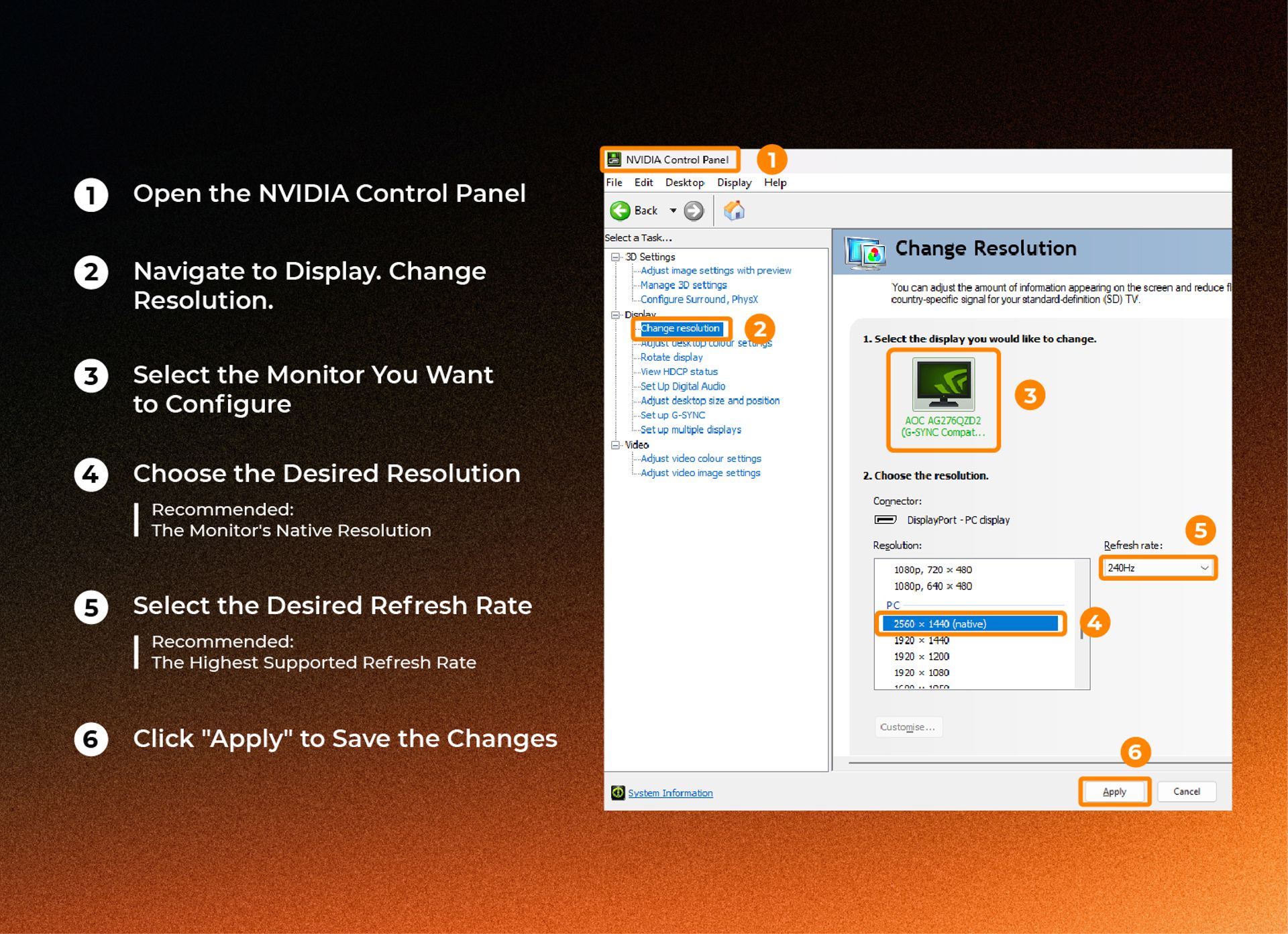 NVIDIA Control Panel showing step-by-step instructions to select an AOC Gaming monitor, choose its native resolution, set the highest supported refresh rate and apply the changes.