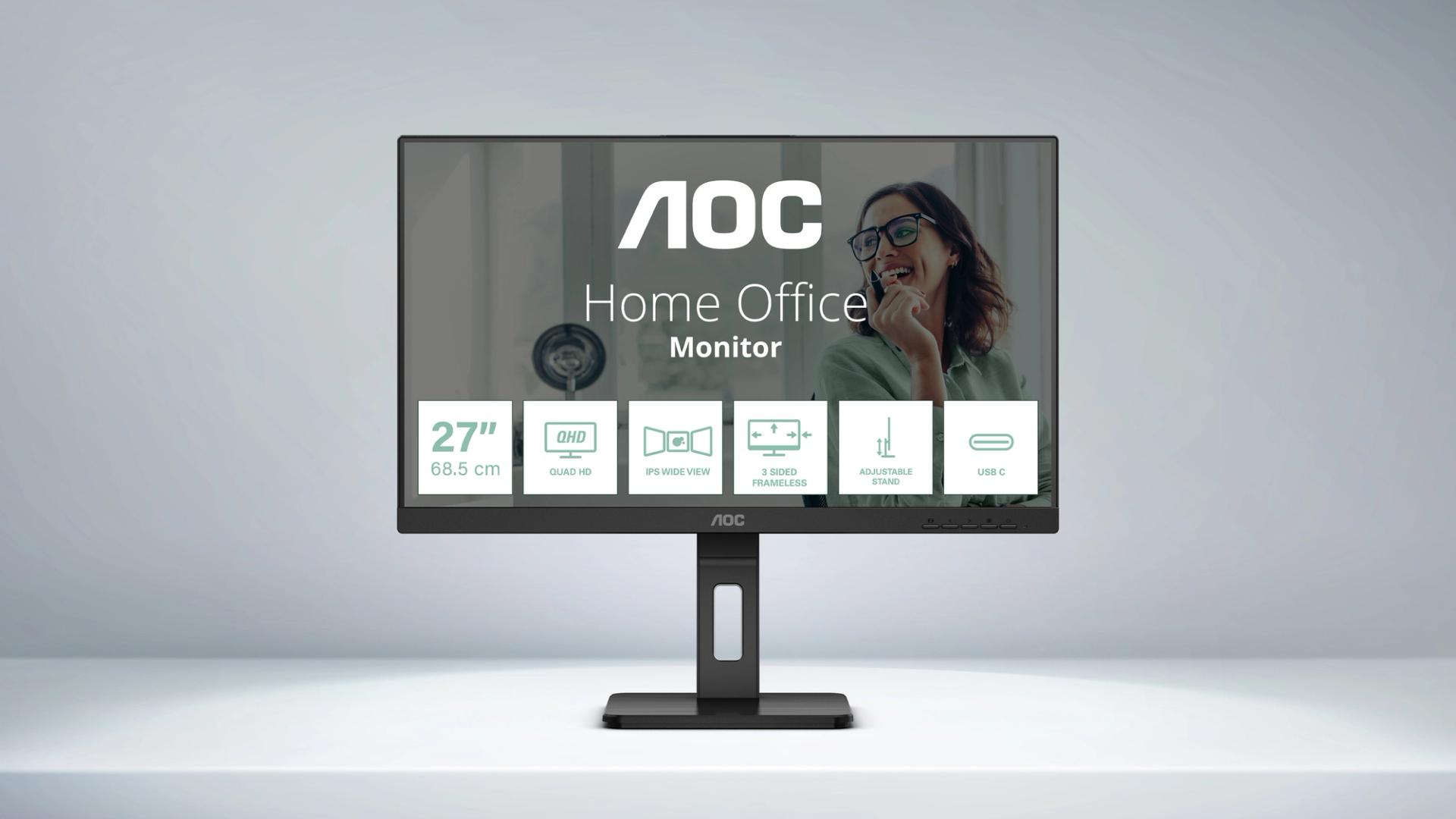 Moniteur AOC Q27P3CV 27 pouces dans un bureau moderne, conçu pour le télétravail intensif, la productivité et un usage professionnel confortable et polyvalent.