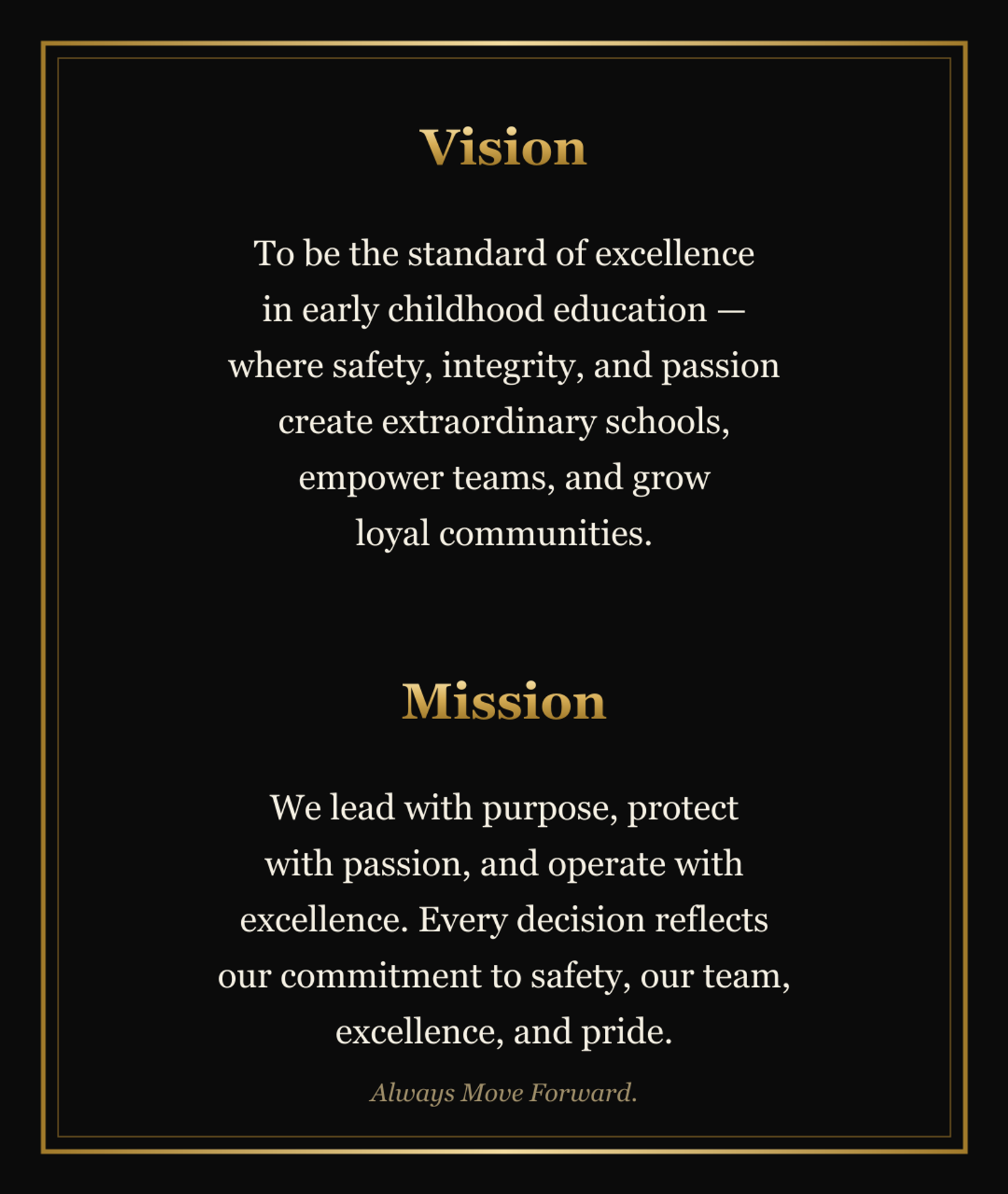 The Speranza Vision and Mission, gold on black