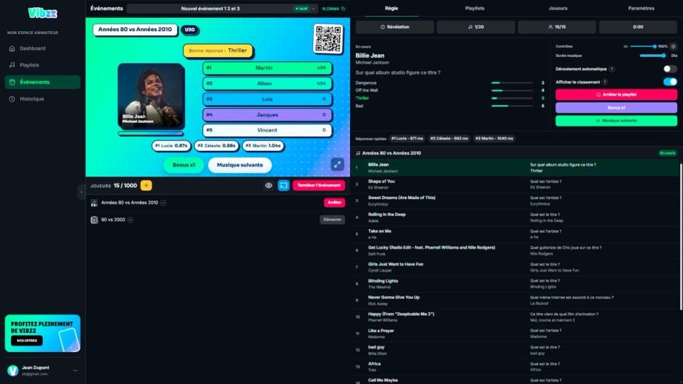Régie Vibzz sur PC avec aperçu du jeu, playlist et commandes de l’animateur.