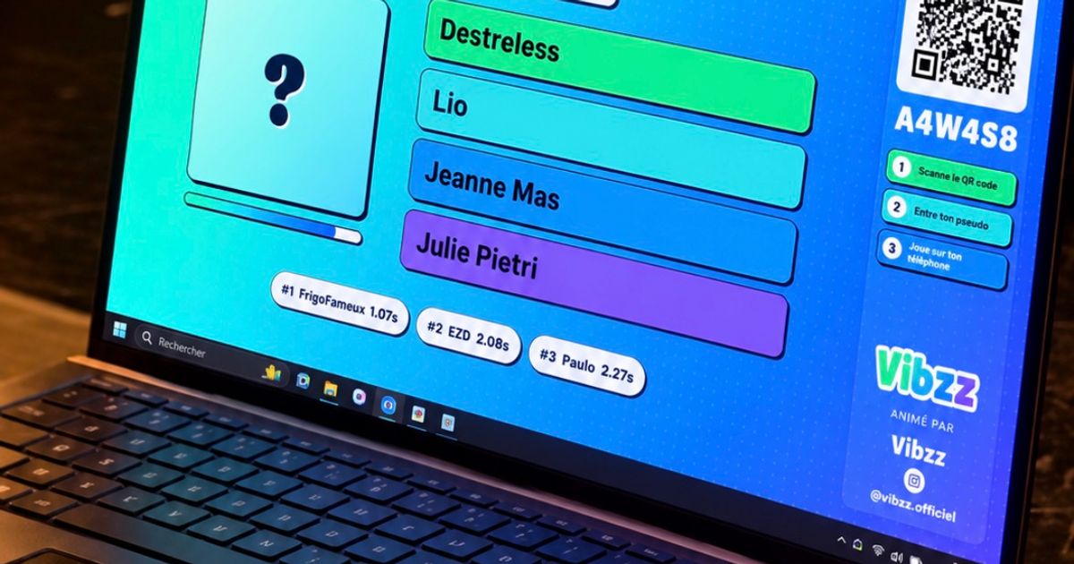 Interface Vibzz affichant une question de blind test et un QR code pour rejoindre la partie sans buzzer.