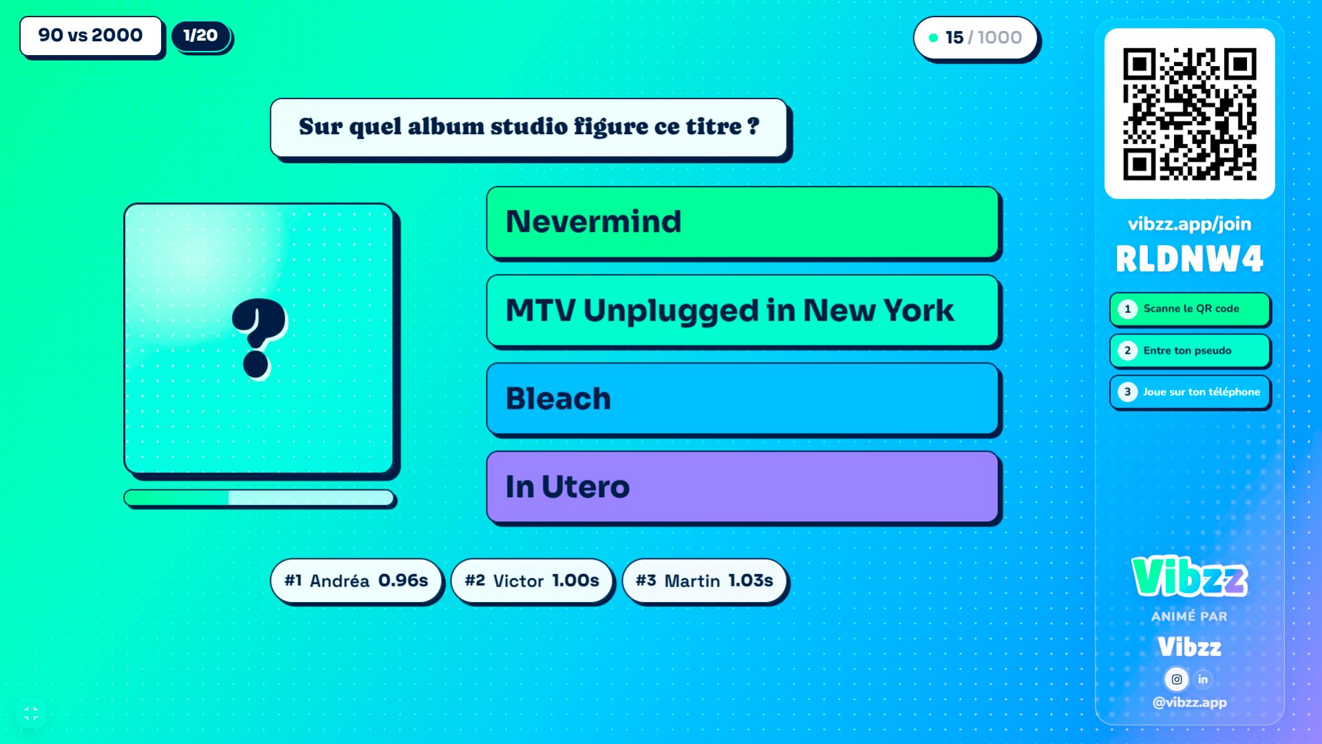 Question de blind test personnalisée dans Vibzz avec quatre propositions et QR code de connexion.