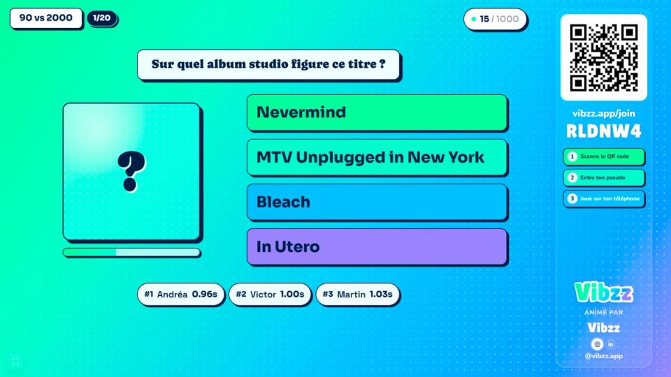 Question personnalisée dans Vibzz sur l’album d’un morceau, avec quatre réponses, QR code et réseaux de l’animateur.