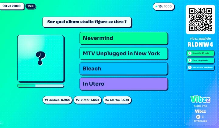 Question de blind test personnalisée dans Vibzz avec quatre propositions et QR code de connexion.
