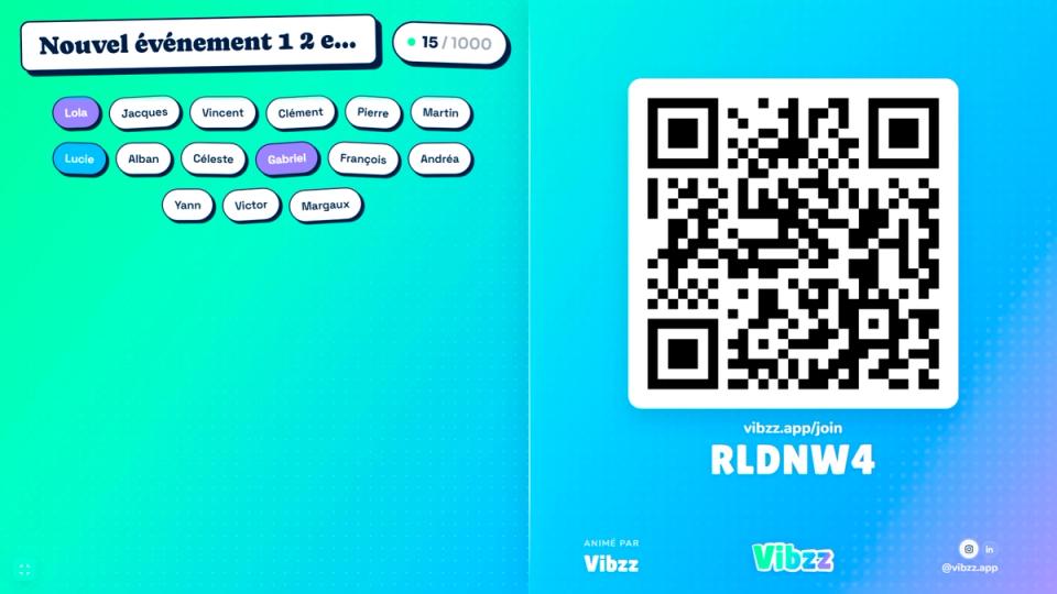Écran public Vibzz avec QR code pour rejoindre la partie, liste des participants et liens Instagram et LinkedIn de l’animateur.