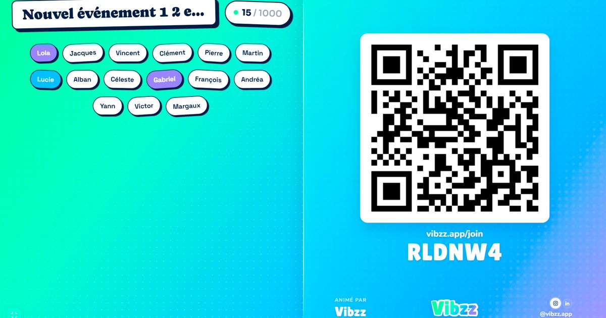 Écran d’accueil Vibzz avec le QR code, le code de partie et la liste des joueurs connectés.