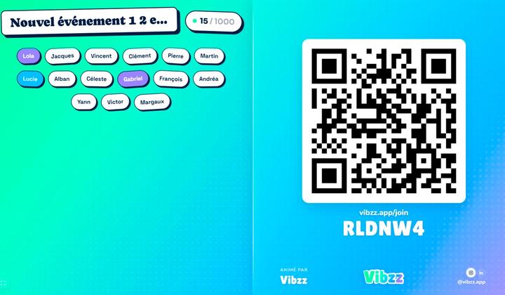 Écran d’accueil Vibzz avec le QR code, le code de partie et la liste des joueurs connectés.