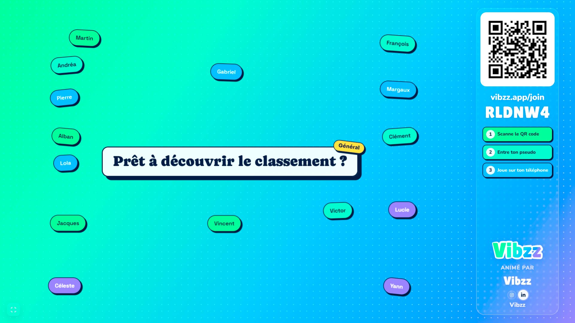 Écran Vibzz annonçant l’arrivée du classement général avec les pseudos des participants.