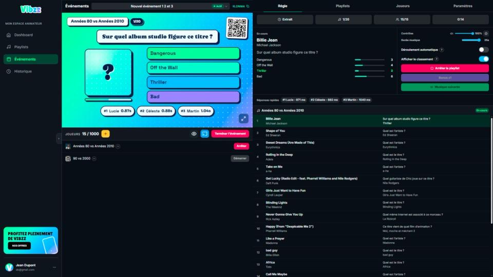 Régie Vibzz avec une question sur l’album de Billie Jean, les réponses choisies et les commandes de durée et de bonus.